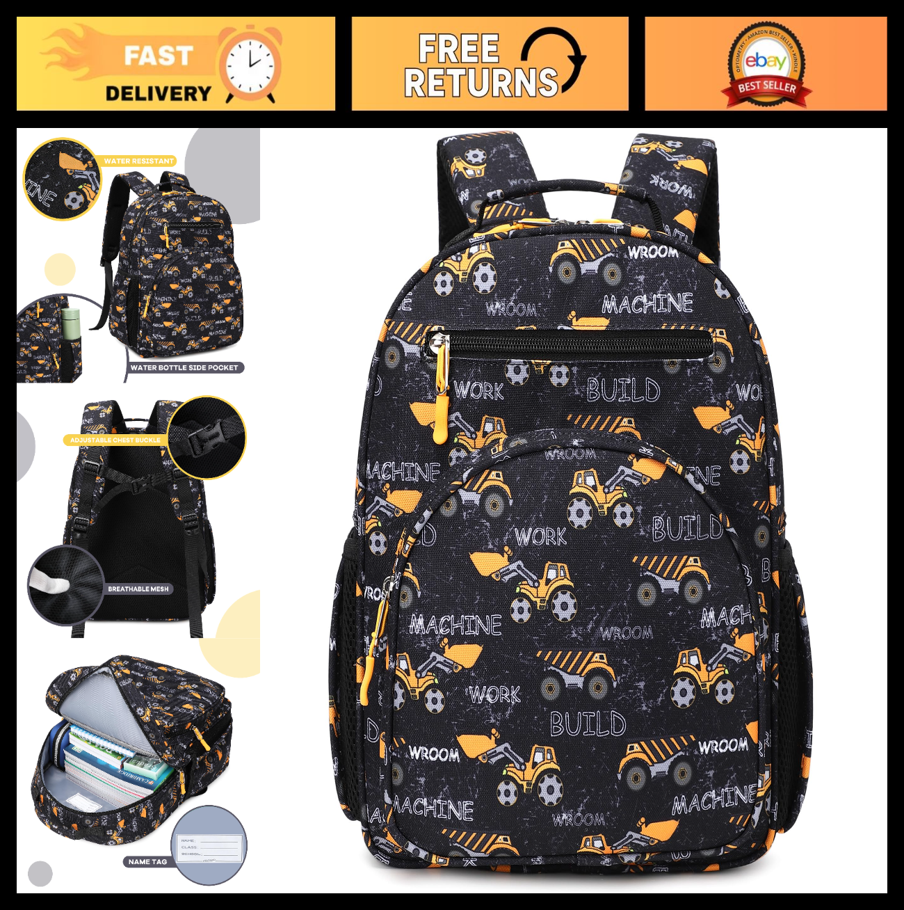 Cute Mini Toddler Backpack for Boys   Preschool Bookbag, Excavator Design, Black0
