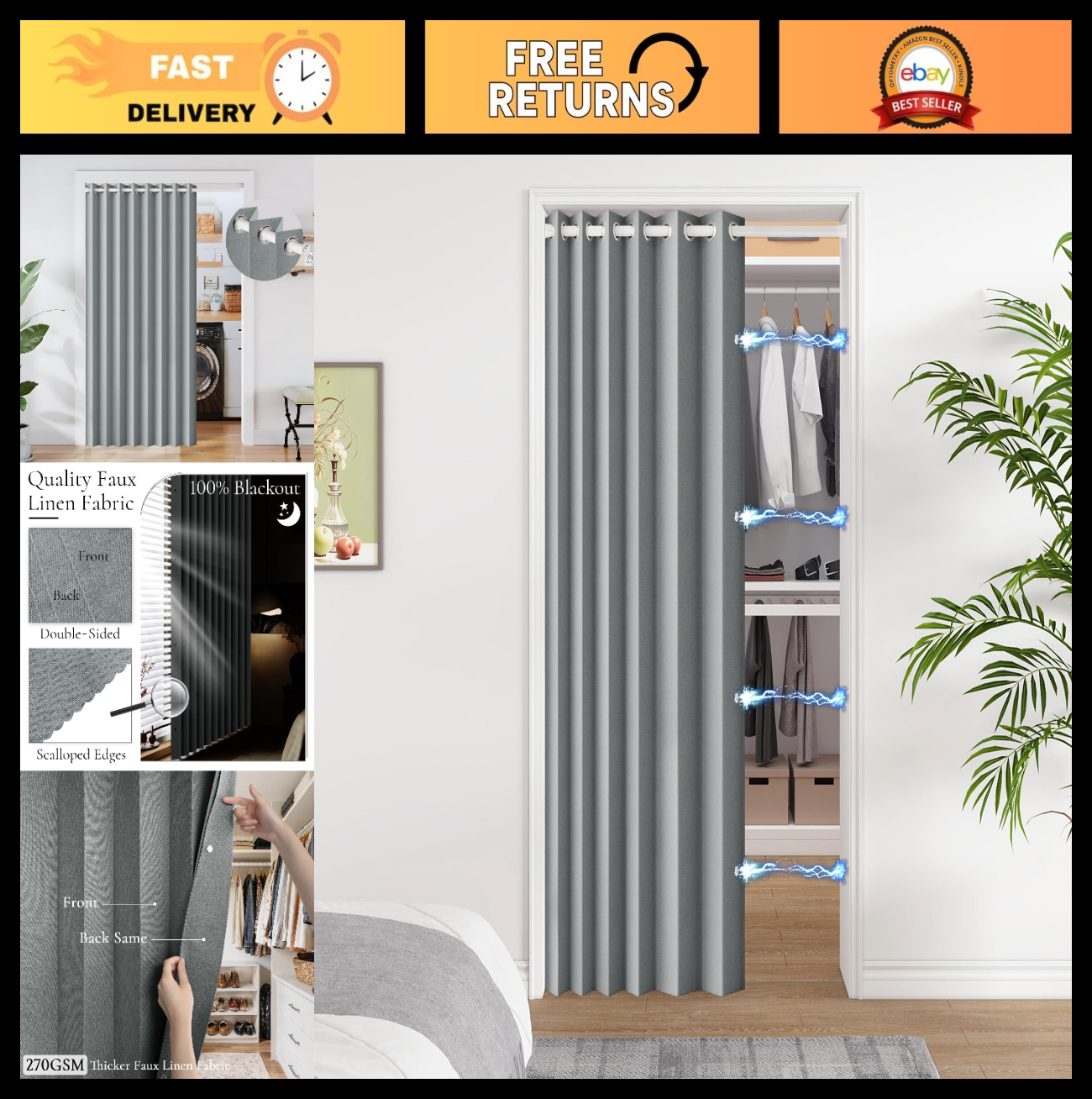 100% Blackout Magnetic Folding Door Curtain   Accordion Style Privacy Panel, W520