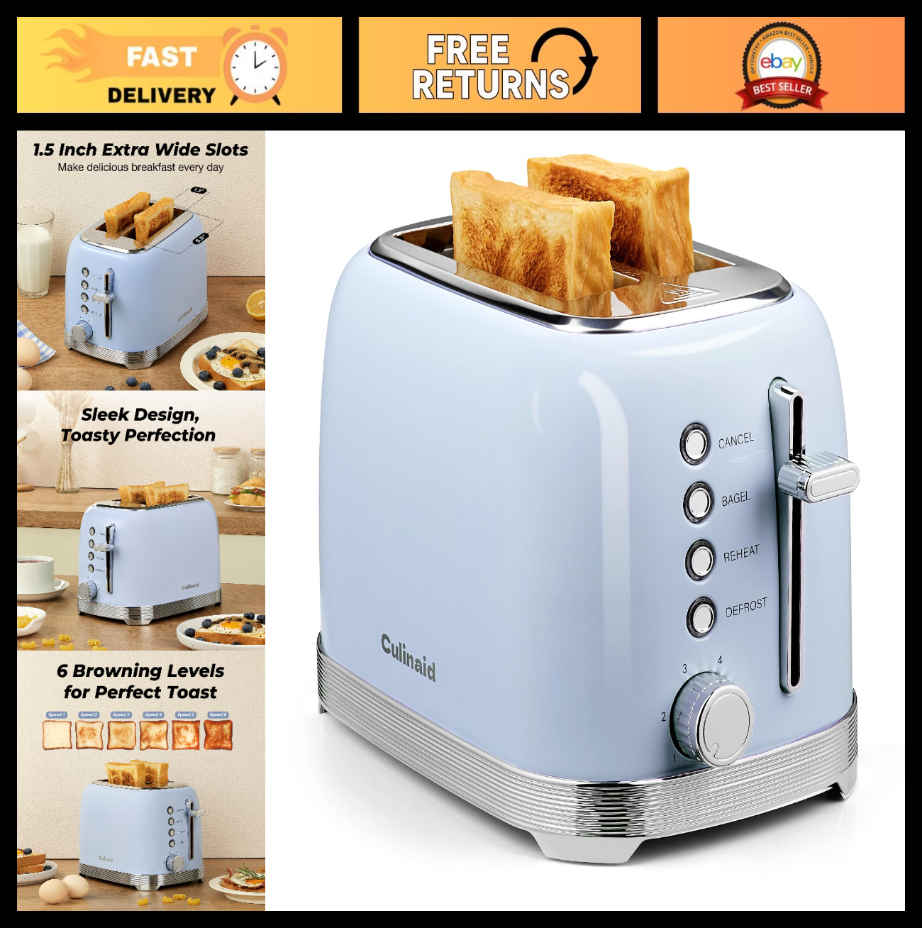 Retro 2 Slice Stainless Steel Toaster, Blue   Stylish Kitchen Appliance, Fast To0
