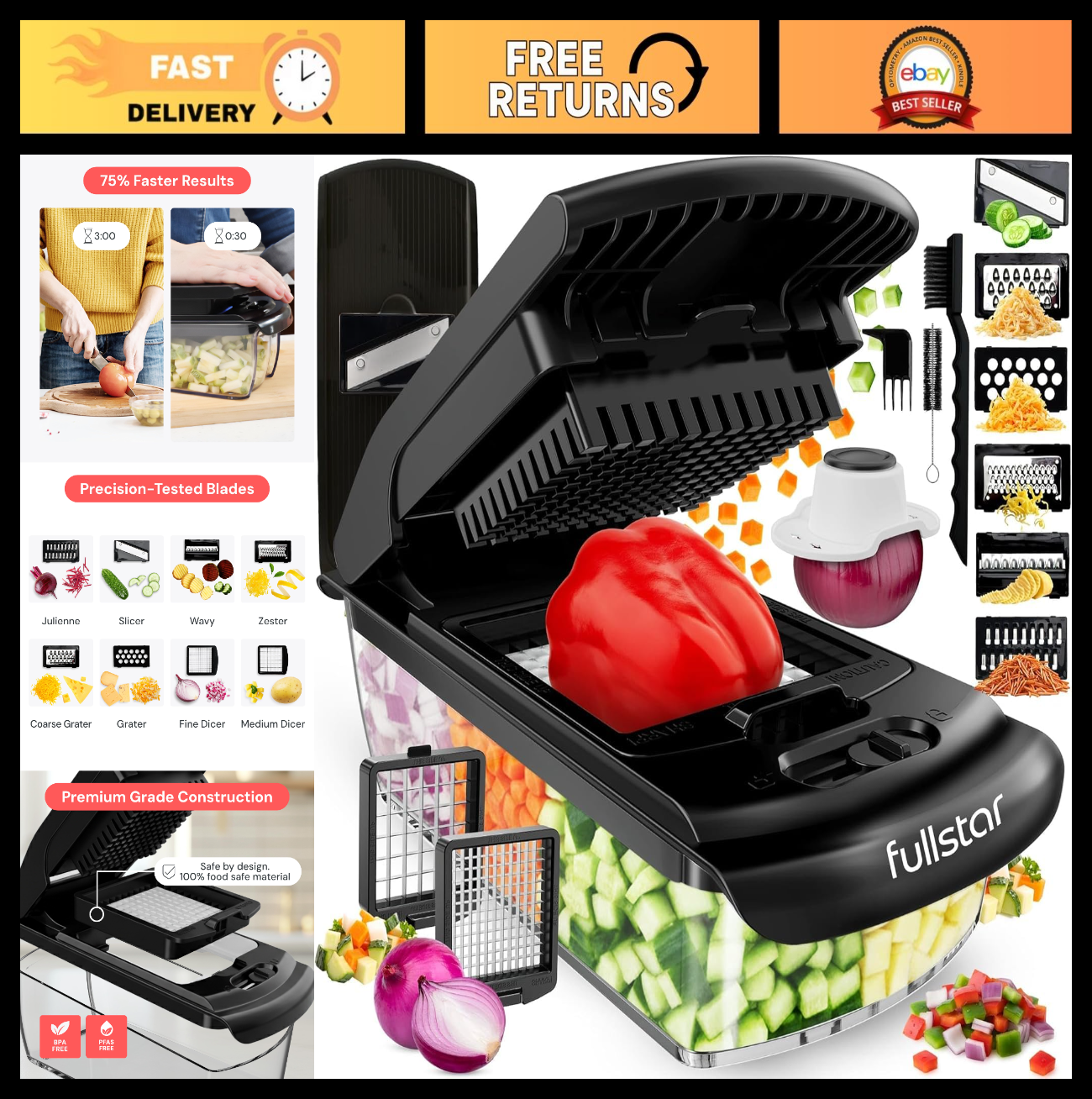 8 in 1 Vegetable Chopper & Mandoline Slicer   Sharp Stainless Steel Blades, Kitc0