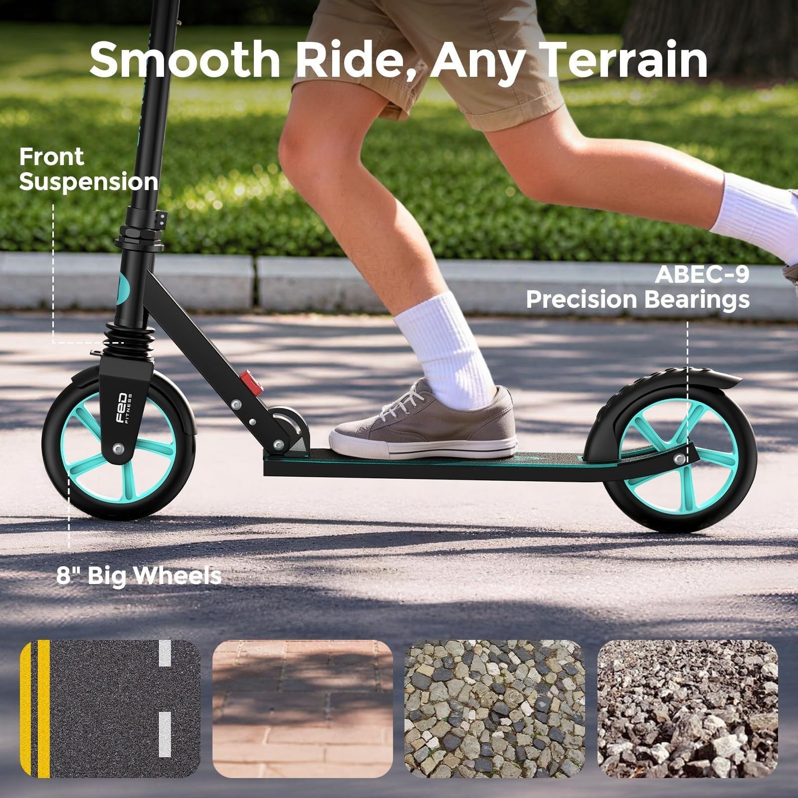 Kick Scooter for Kids, Teens & Adults - 8" Big Wheels, 240lb Capacity, Ages 6+2