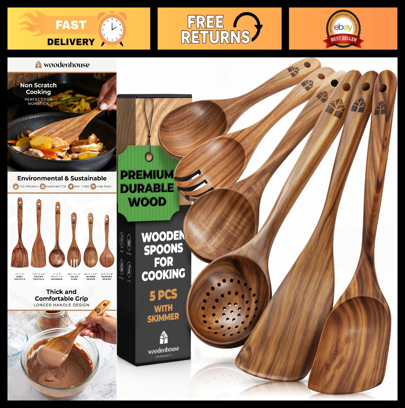 Wooden Cooking Spoons Set   Teak Utensils, Comfortable Grip, Non Stick, Food Saf0