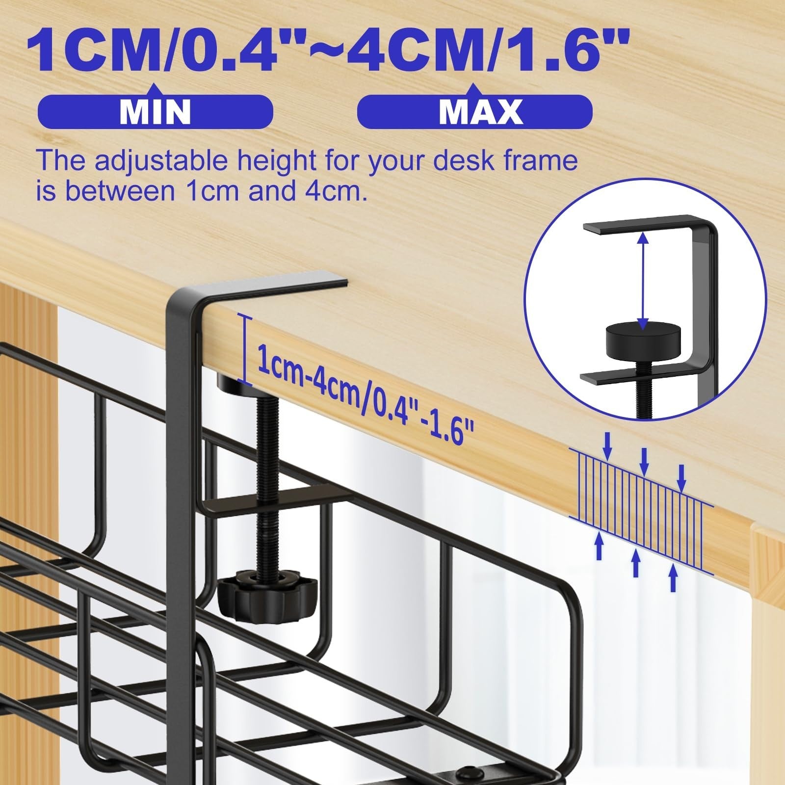 Under Desk Cable Management Tray   No Drill Steel Wire Organizer, 15.7” Clamp Mo3