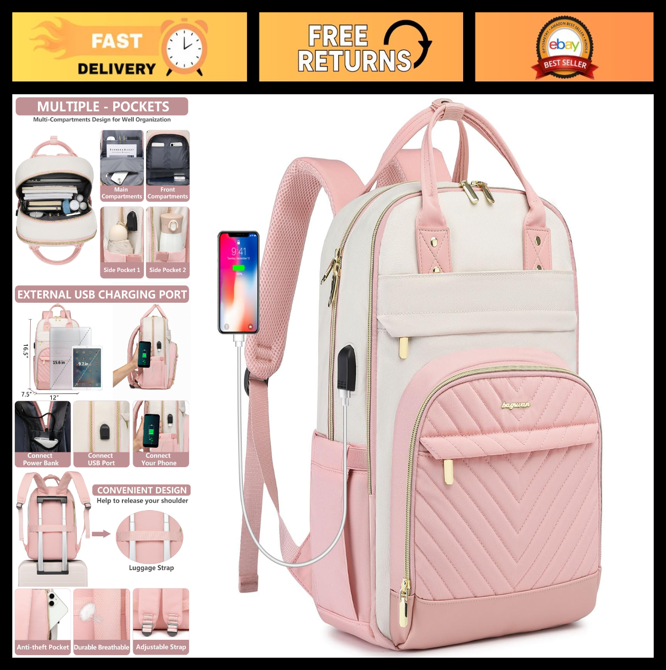 Stylish 15.6" Laptop Backpack for Women   Waterproof Travel Bag, Work & College0