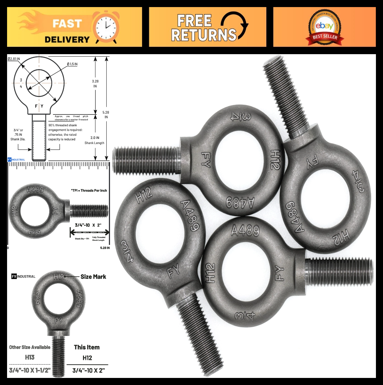 4 Pcs Lifting Shoulder Eye Bolts 3/4"-10 X 2 | Heavy Duty Hardware Fasteners0