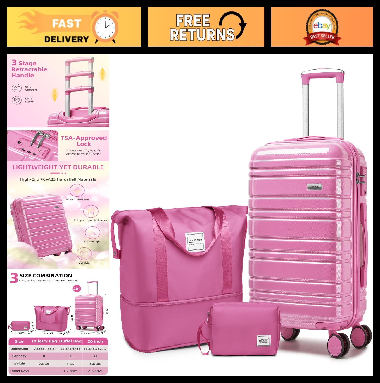 3-Piece Carry-On Luggage Set, 20" Hardshell Suitcase & Duffel Bag, Lightweight,0