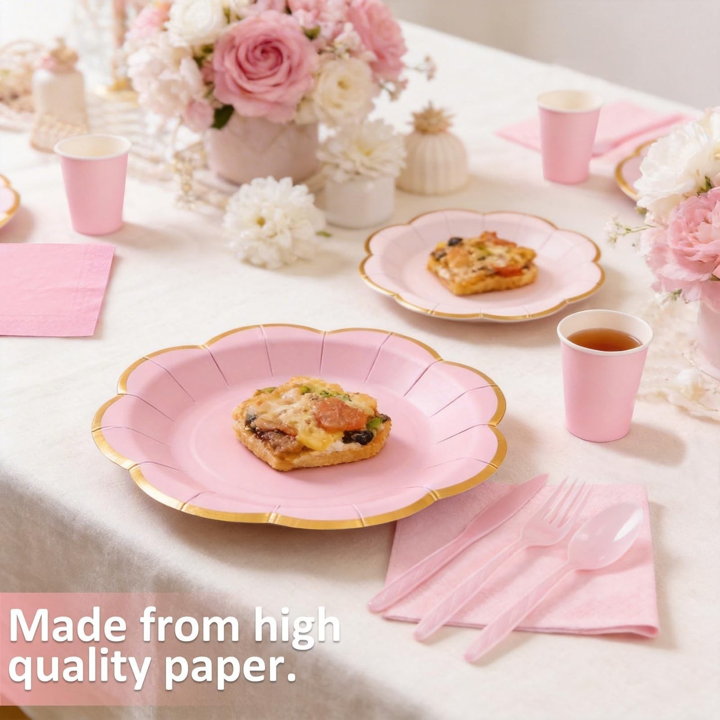 350 Pcs Pink Scalloped Paper Plates & Napkins Set for 50 Guests | Gold Rim Dispo2