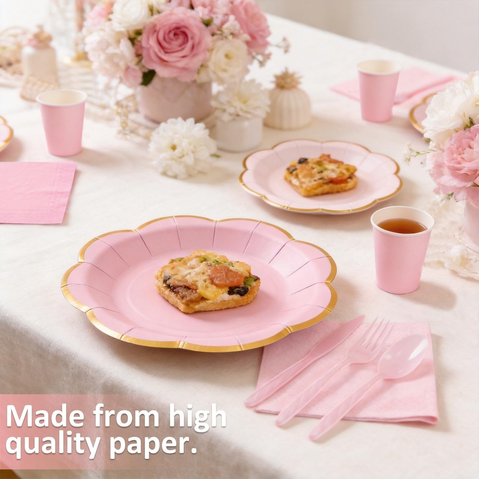 350 Pcs Pink Scalloped Paper Plates & Napkins Set for 50 Guests | Gold Rim Dispo2