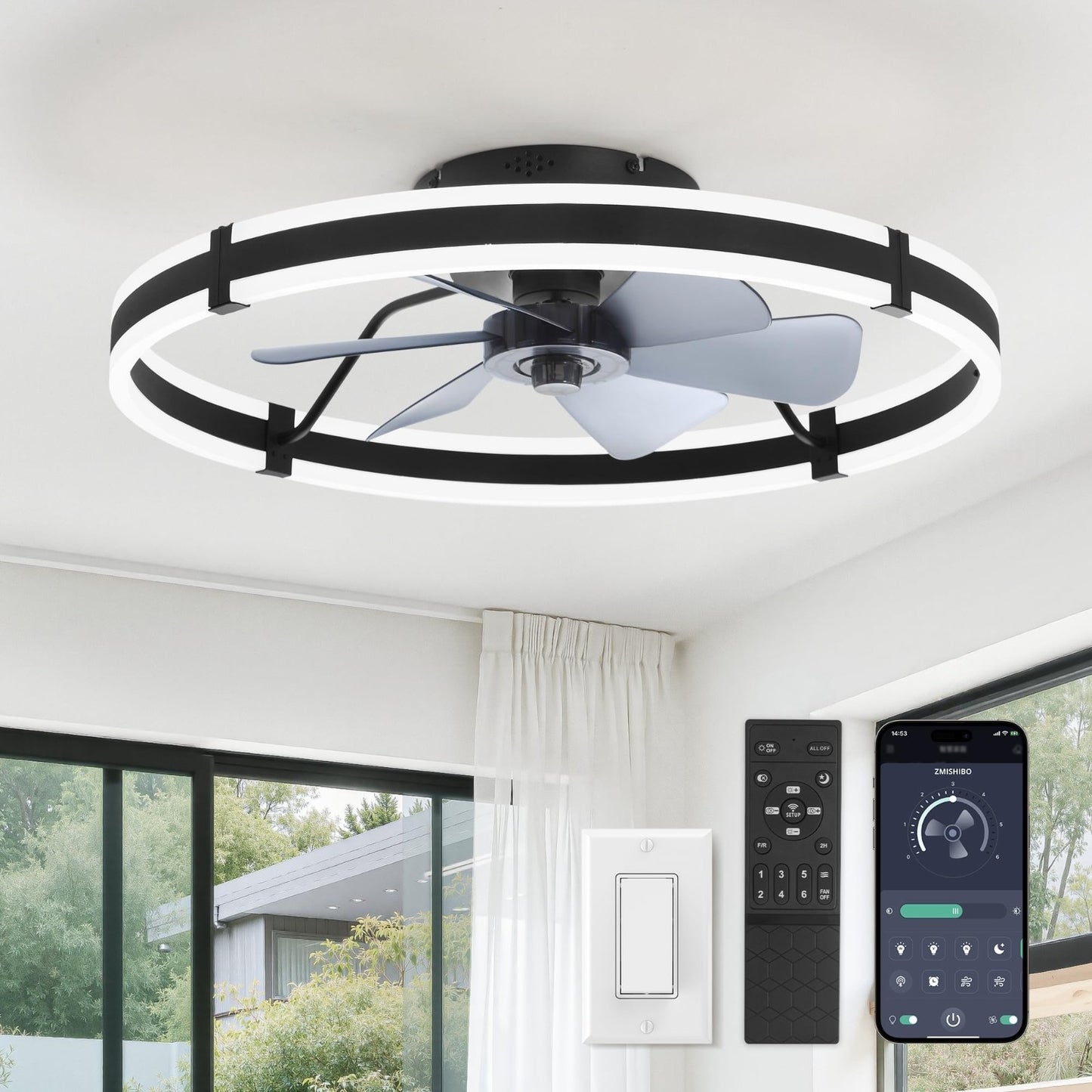 24" Modern Ceiling Fan with Lights & Remote, Dimmable LED, 6 Speeds, Flush Mount0