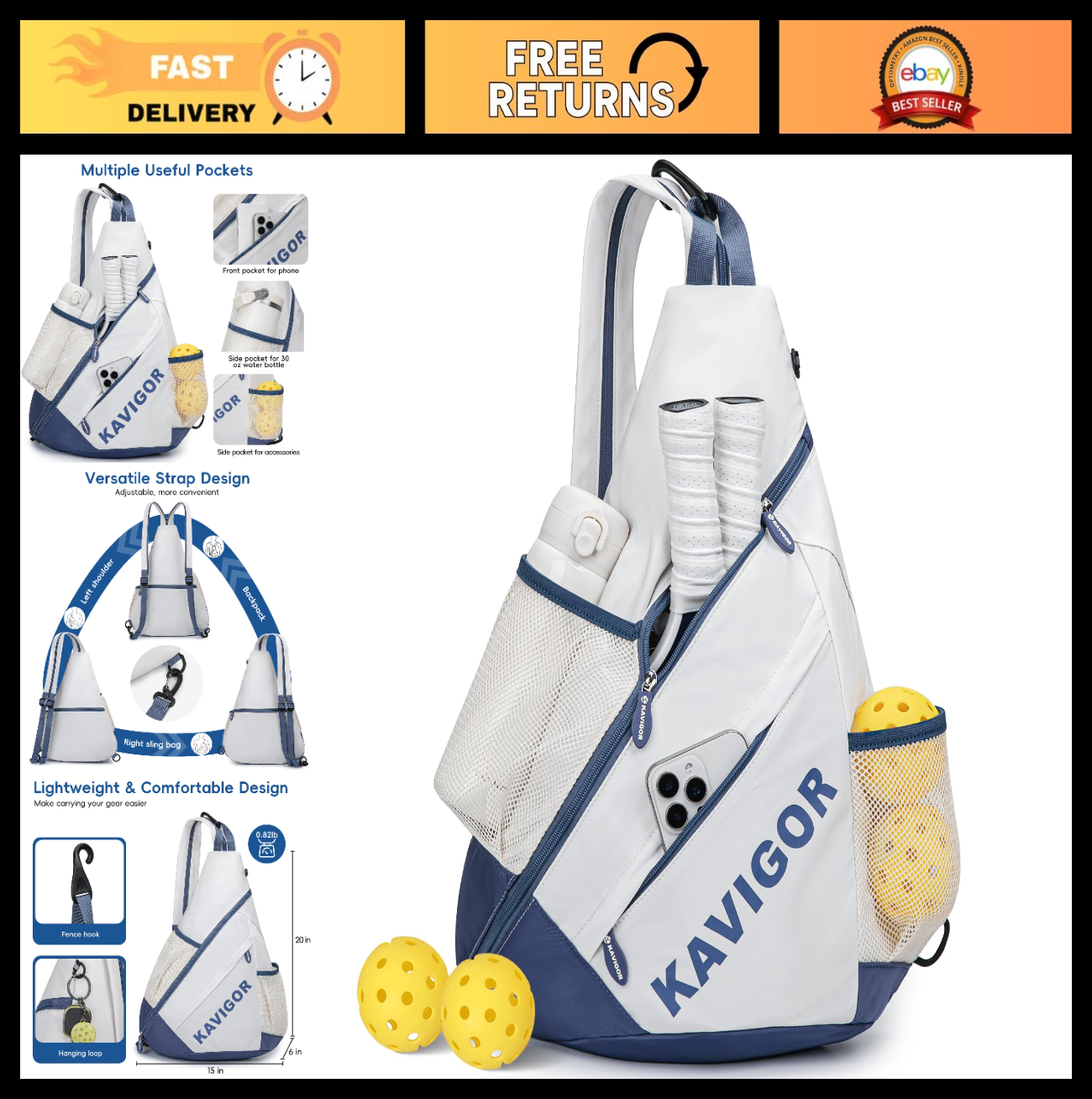 Ultra-Light Pickleball Sling Backpack, Soft Fabric, Wet/Dry Pocket, Holds 4 Padd0