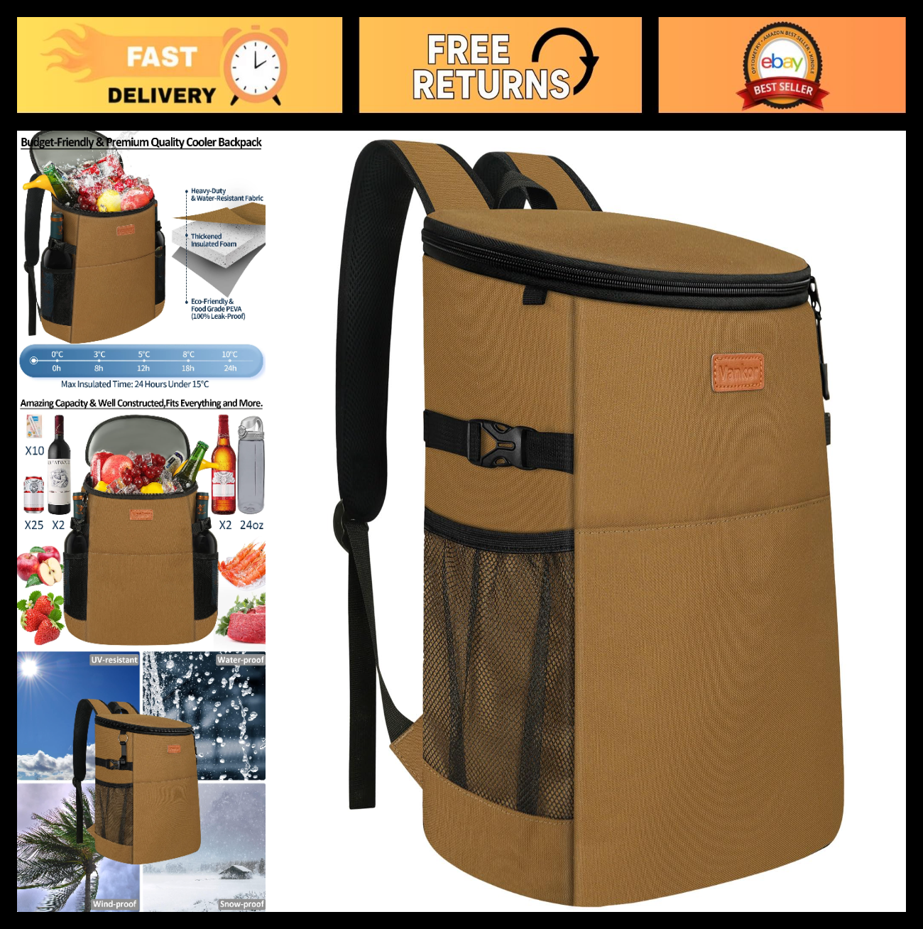 Insulated Camping Cooler Backpack - Holds 30-45 Cans, Waterproof & Leak Proof, I0