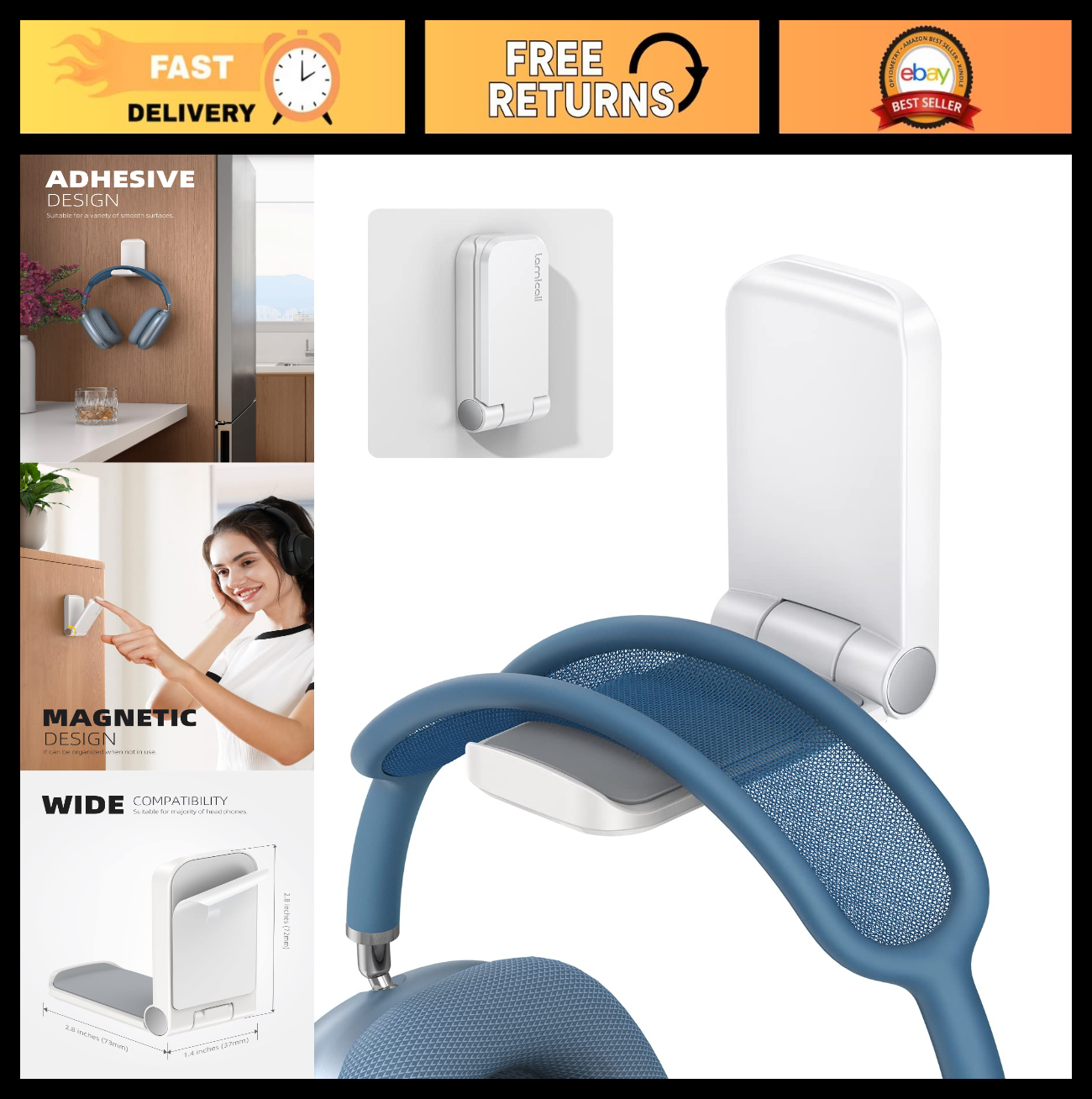 Headphone Stand & Adhesive Headset Hanger | Under Desk Hook Mount Clip, White0