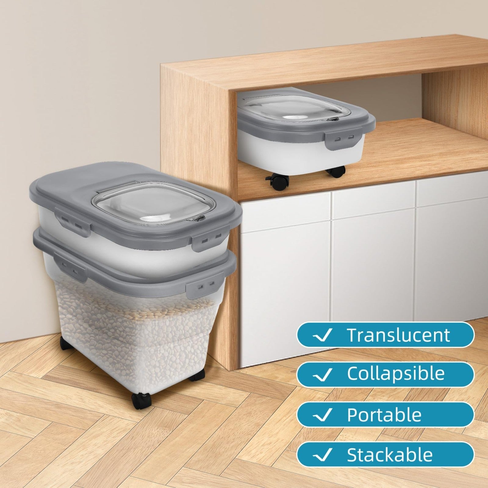 Collapsible Pet Food Storage Container with Airtight Lid & Detachable Casters, I3