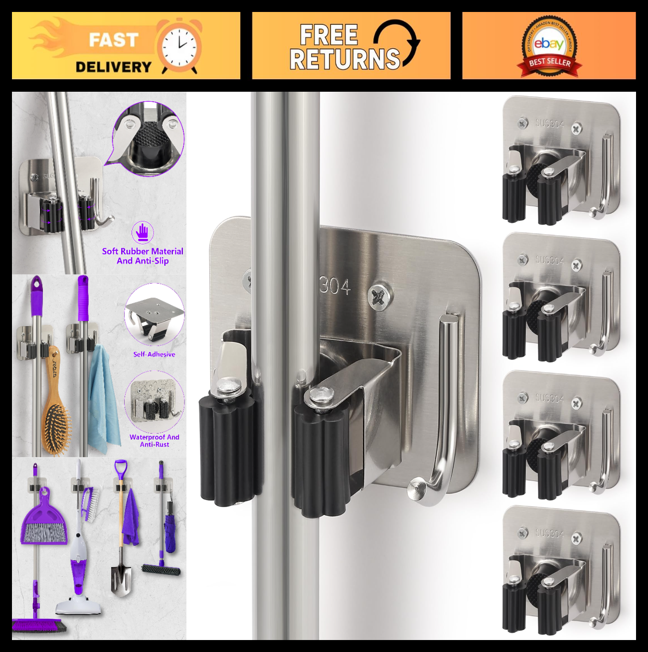 Stainless Steel Broom Holder Wall Mount Rack - Mop & Tool Organizer, Space Saver0