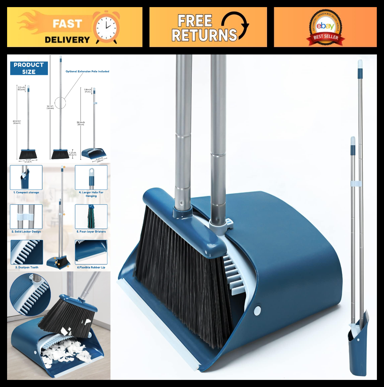 Extendable 52" Broom and Dustpan Set for Home Cleaning, Kitchen & Office Floors0