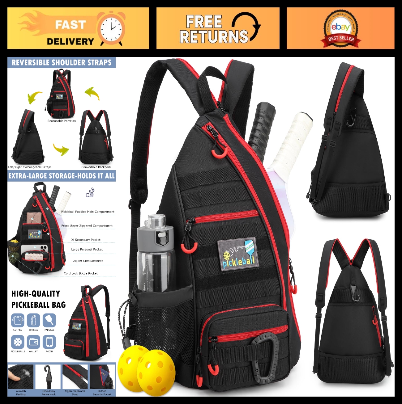 Tactical Pickleball Backpack with Adjustable Sling, Fence Hook & Water Bottle Ho0