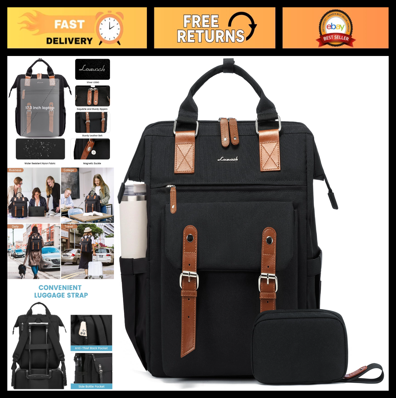 Stylish 15.6" Laptop Backpack for Women, Water Resistant Travel Bag, College Boo0