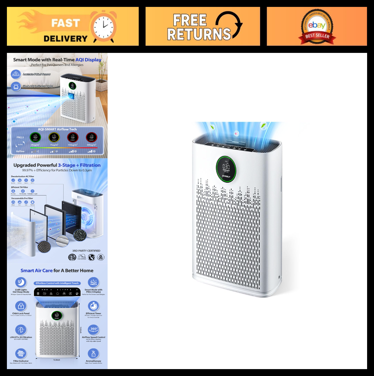 Large Room Air Purifier, True HEPA Filter, Smart Mode, 2400 Sq Ft, Quiet 22dB, A0