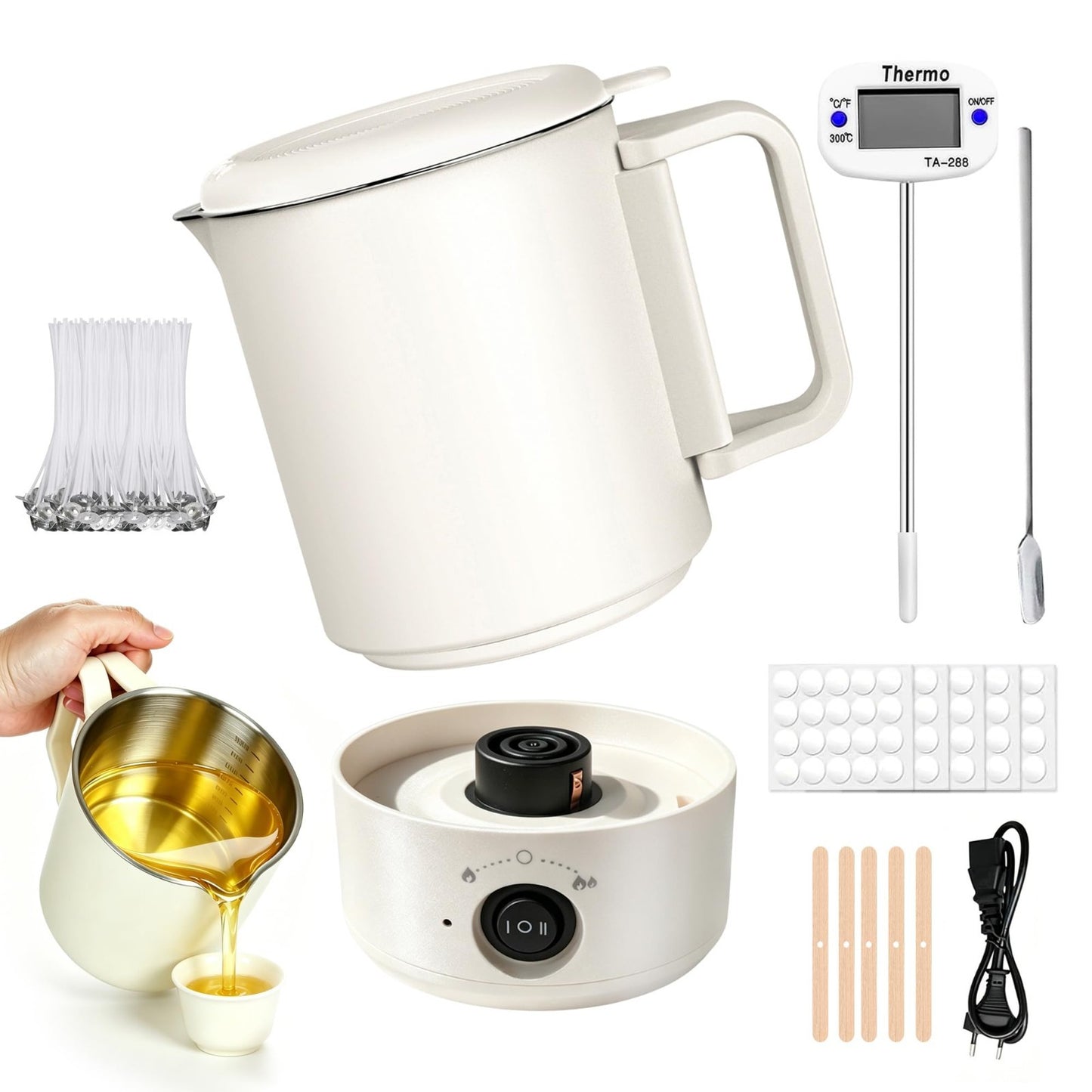 Candle Making Supplies Kit - Electric Wax Melting Pot, 27 OZ, Thermometer & Spou7