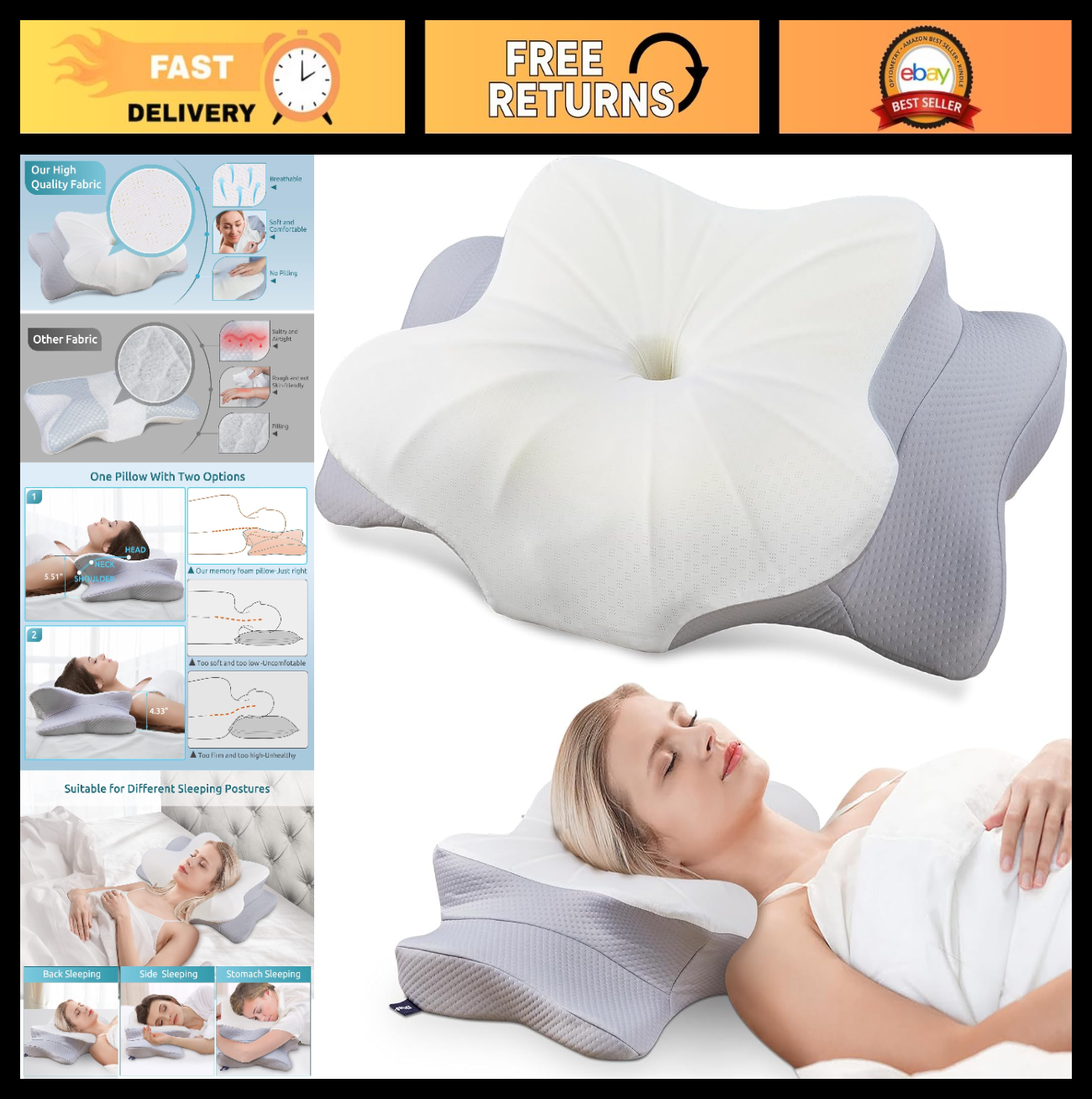 Cervical Memory Foam Pillow for Neck & Shoulder Pain Relief, Ergonomic Cooling D0