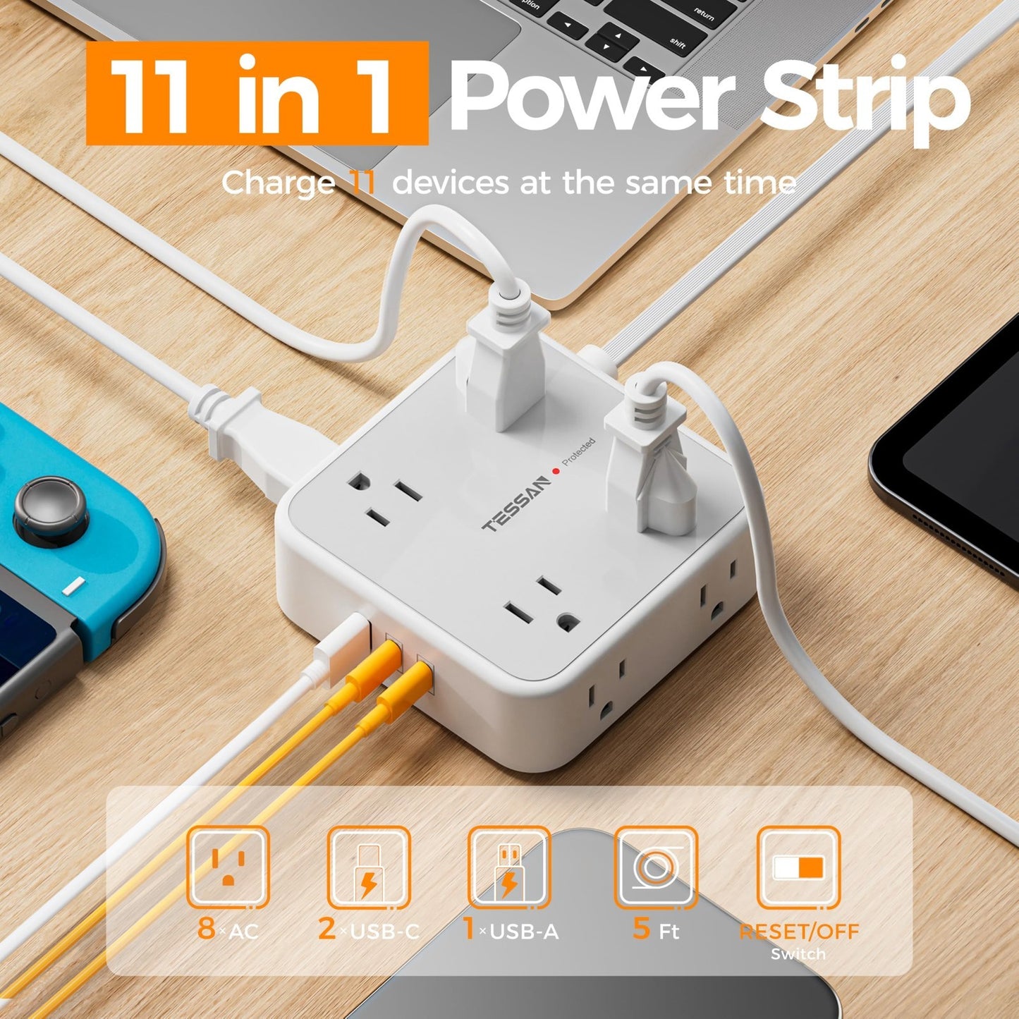 Surge Protector Power Strip 900J Protection, 5 Ft, 6 Outlets, Grey Color2