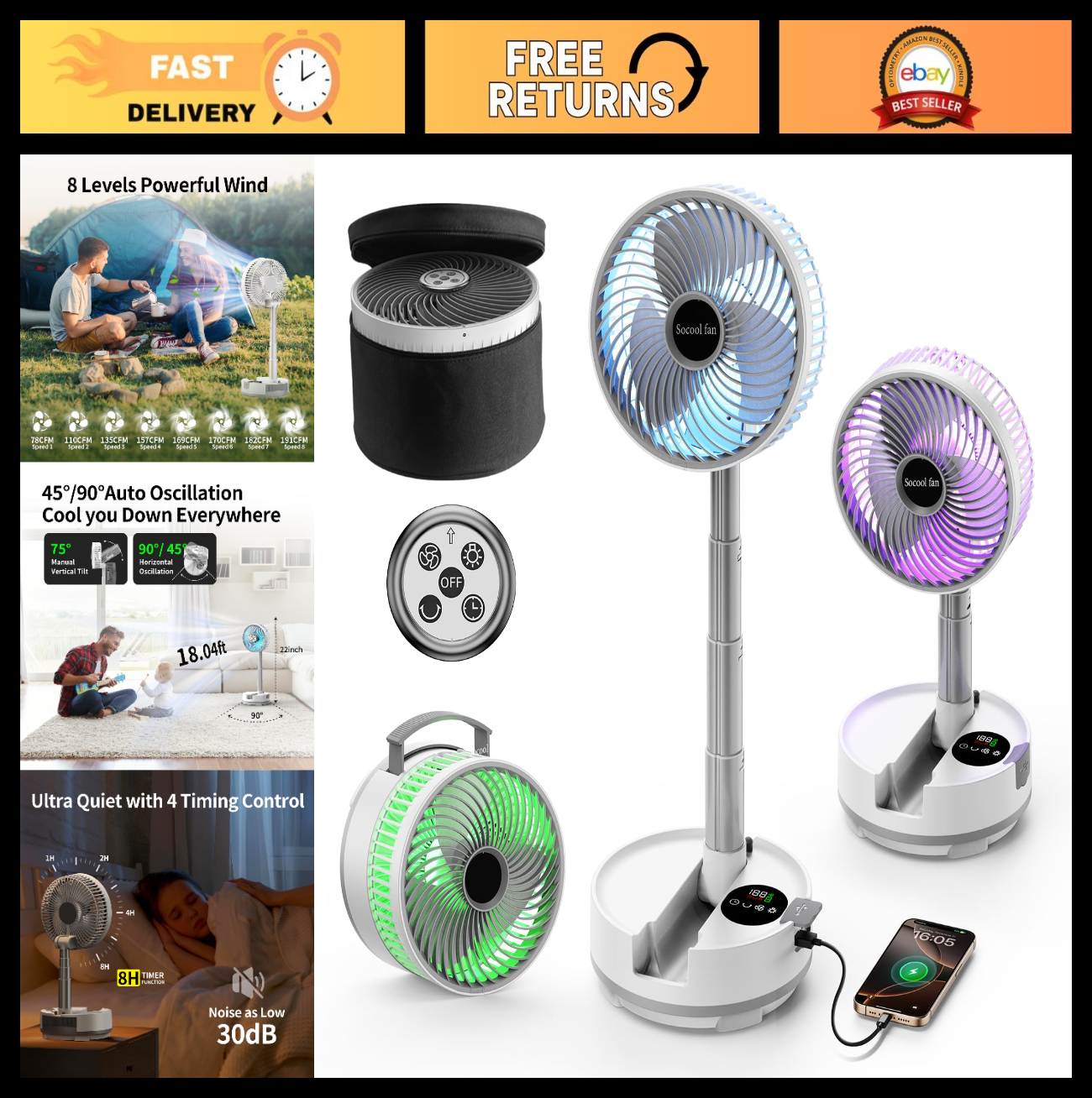 20000mAh Portable Rechargeable Fan   Foldable, 8 Speed, 112H Battery Life, Remot0