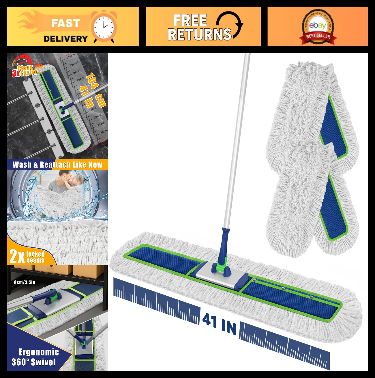 41" Large Commercial Dust Mop Push Broom - Heavy Duty Janitorial Sweeper Tool0
