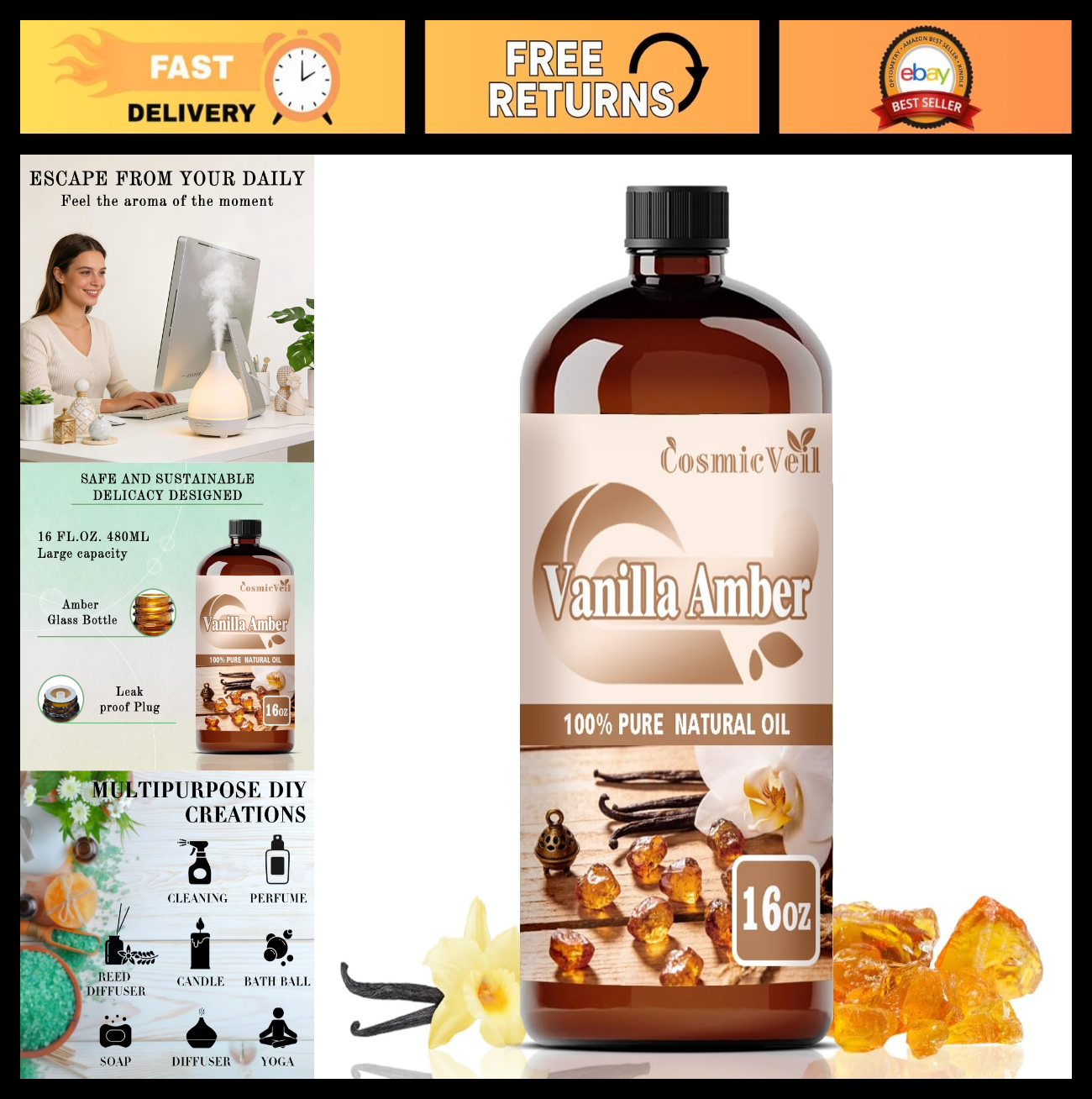 Vanilla Amber Essential Oil 16oz | Fragrance Oil for Diffuser, Candle Making, Sk0