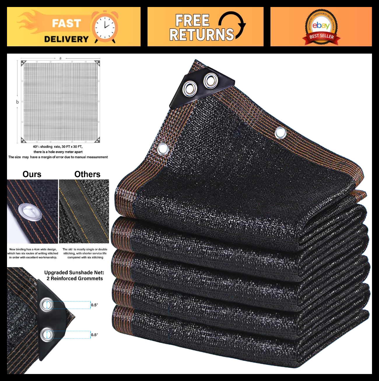 30x30 FT Black Shade Cloth - 40% Sun Shade Mesh for Greenhouse, Garden, Patio &0