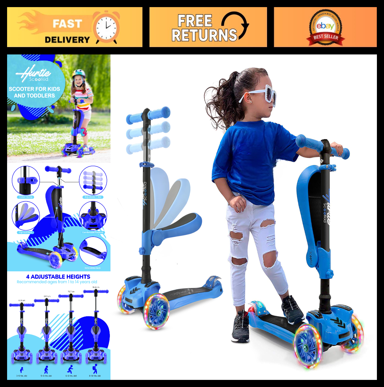 3-Wheeled Kids Scooter with LED Lights, Adjustable Handlebar, Foldable Seat, Bra0