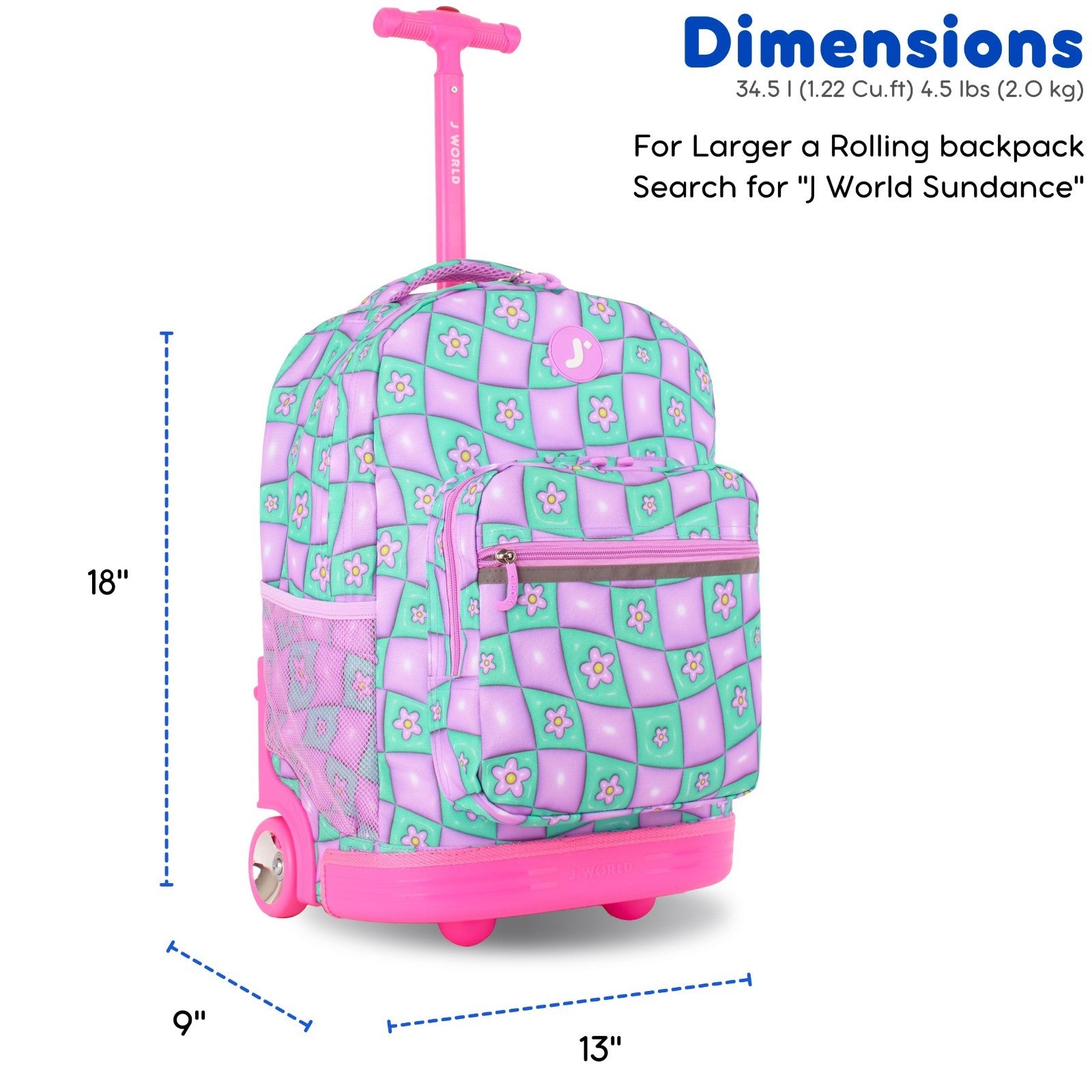 Kids Rolling Backpack with Wheels, 18" Bookbag for School, Puffy Flower Design6