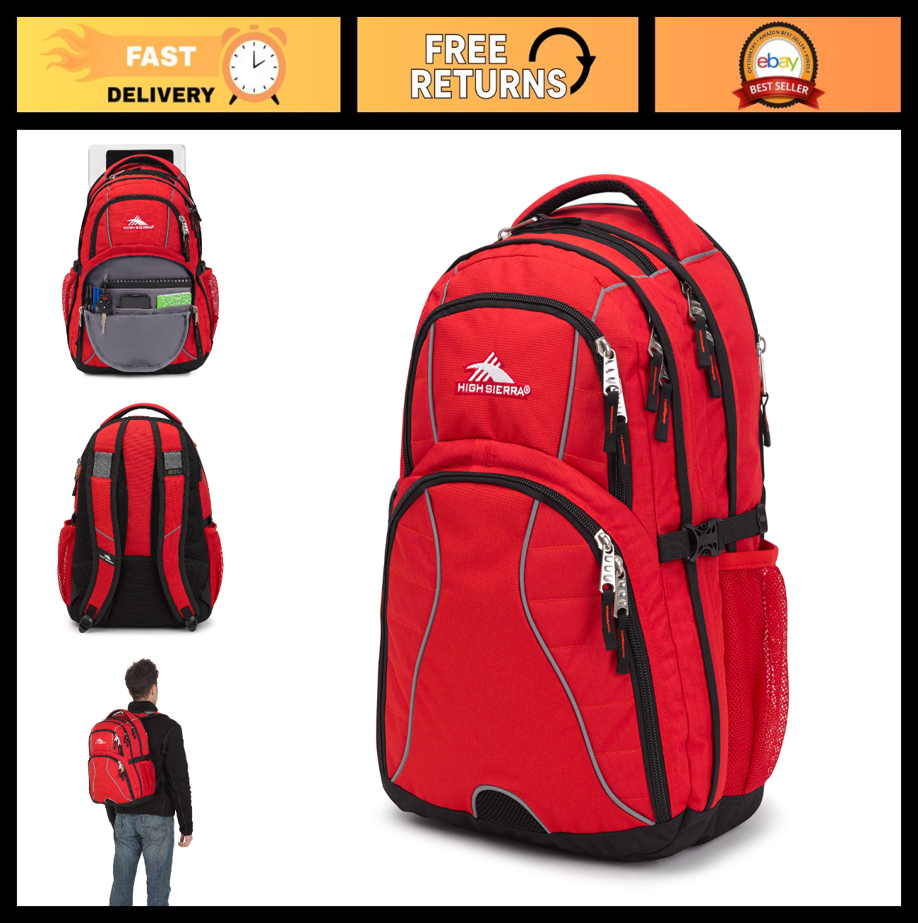 Versatile Laptop Backpack, Crimson/Black, Fits Most 15.6" Laptops, Durable & Sty0