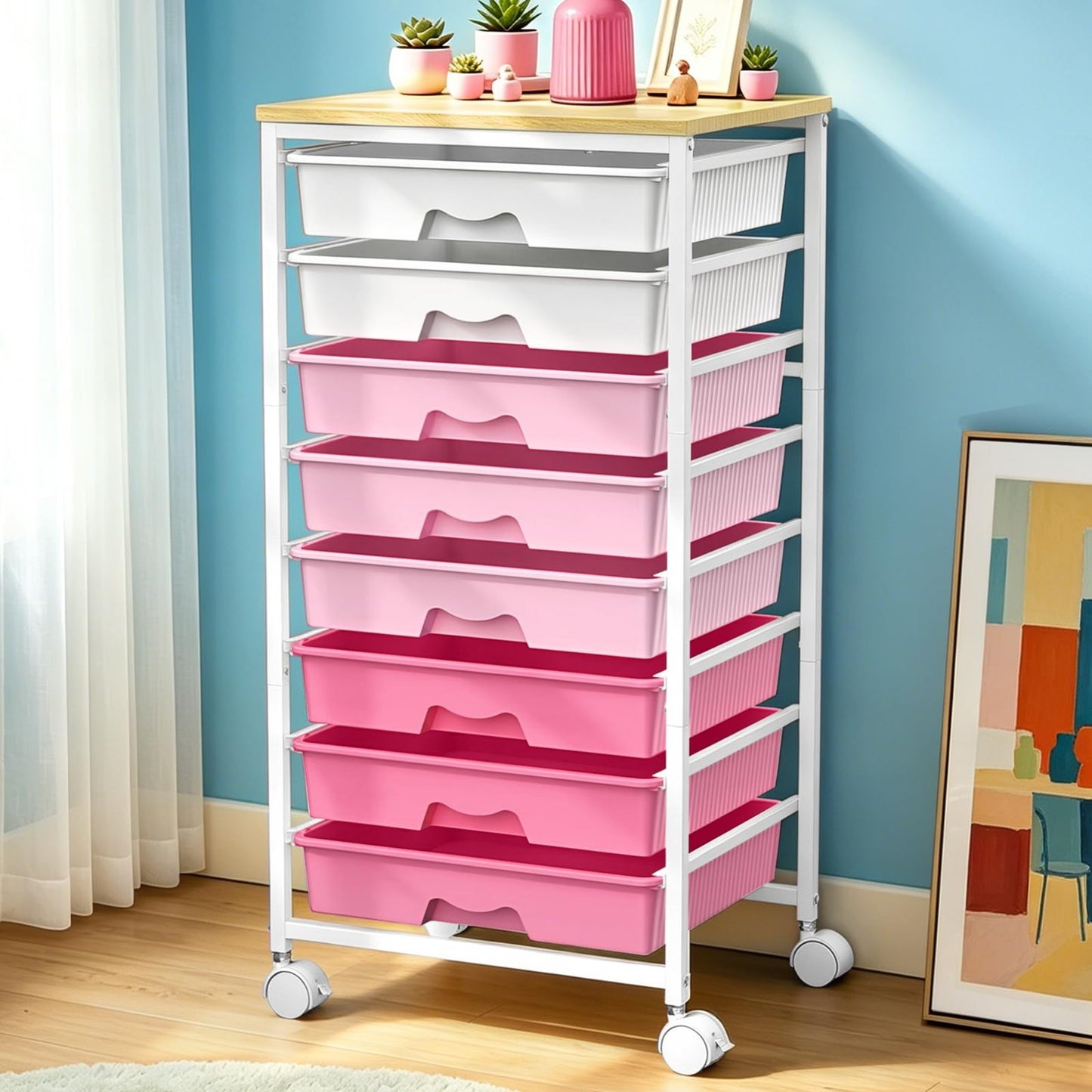 8 Drawer Rolling Storage Cart with Wooden Top & Lockable Wheels   Craft & Office1