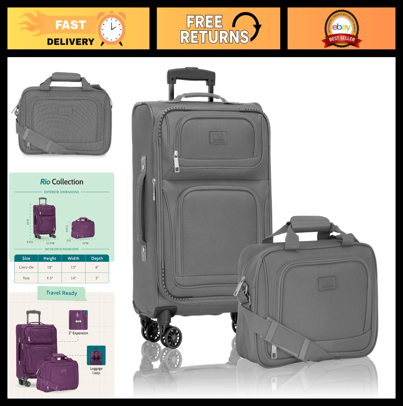 Lightweight Softside Rolling Carry-on Luggage, 4-Wheel Travel Suitcase, Gray0