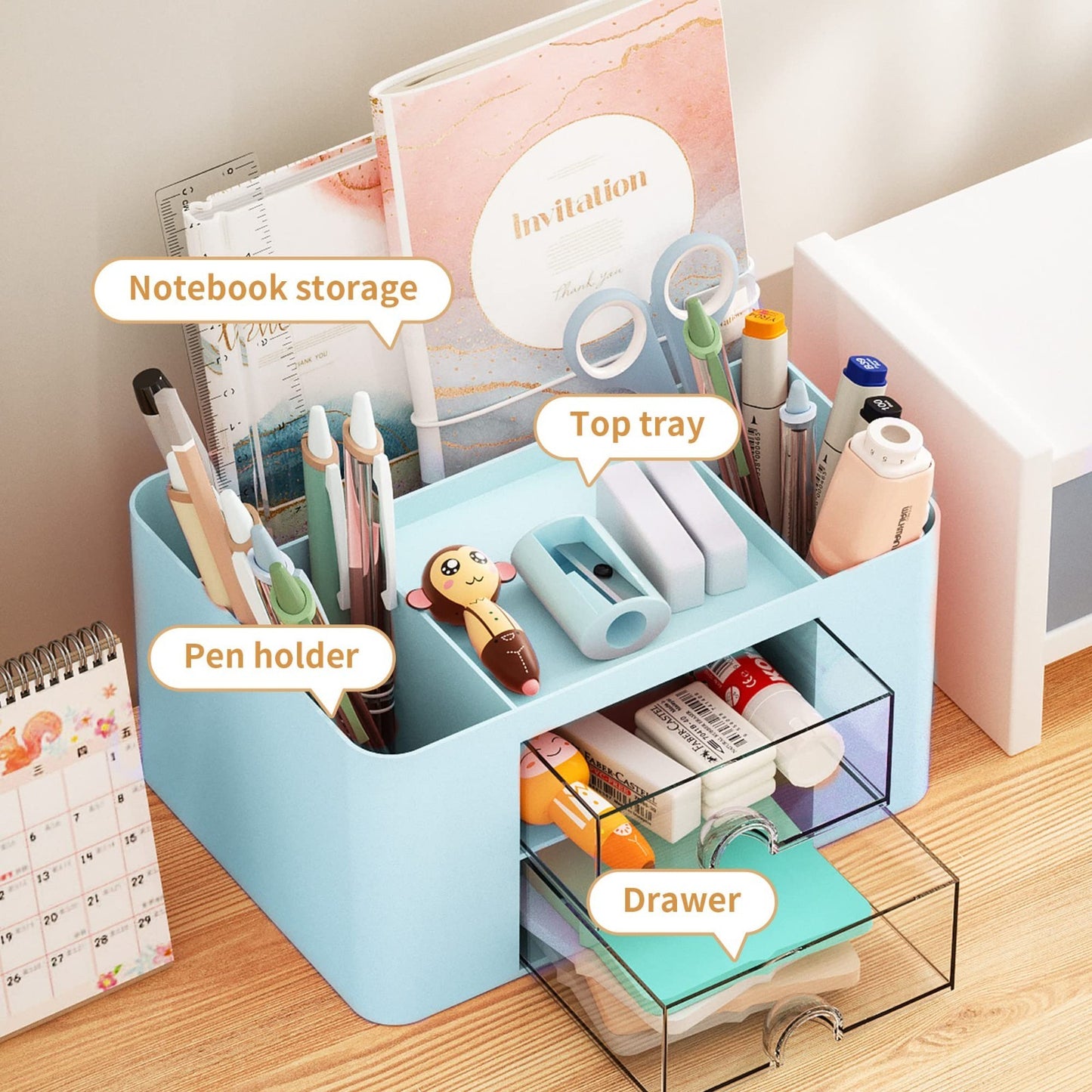 Multi Functional Desk Organizer with 2 Drawers, 5 Compartments, Pencil Holder, B3