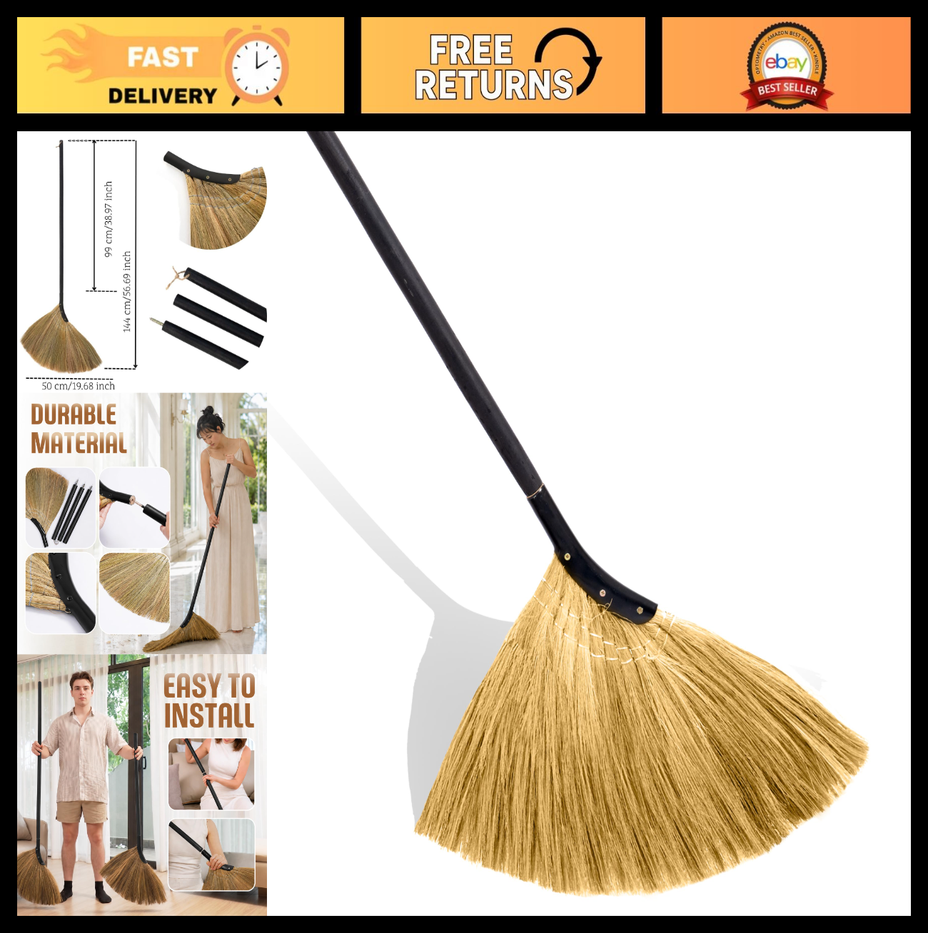 Soft Vietnamese Straw Broom - 56.69" Long Handle Indoor/Outdoor Sweeping Tool fo0