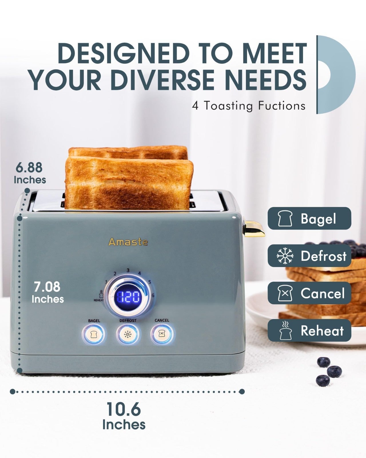 Retro 2 Slice Toaster with LED Timer, Extra Wide Slots, 6 Shade Settings, Bagel2