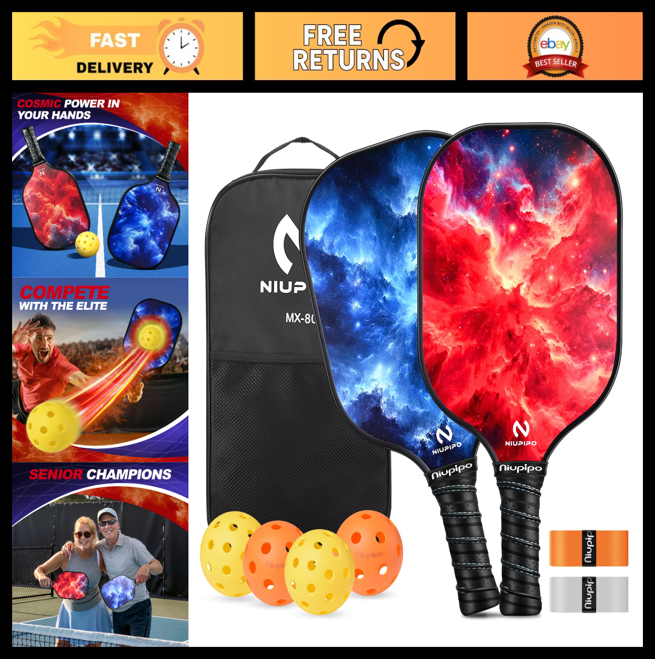 Pickleball Paddle Set of 2 or 4, USAPA Approved, Fiberglass, Lightweight, Includ0
