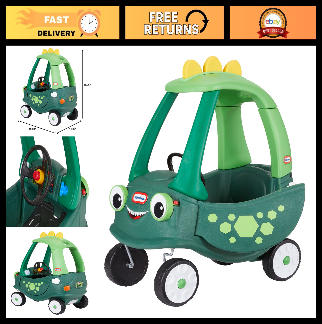 Cozy Coupe Dinosaur Ride-On Toy - Large Green Car for Kids, Outdoor Fun0
