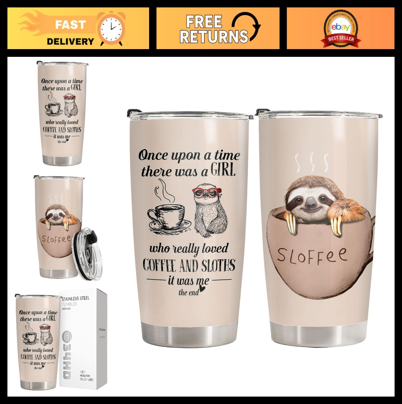 Cute Sloth 20oz Tumbler with Lid   Insulated Travel Mug for Coffee & Tea, Perfec0