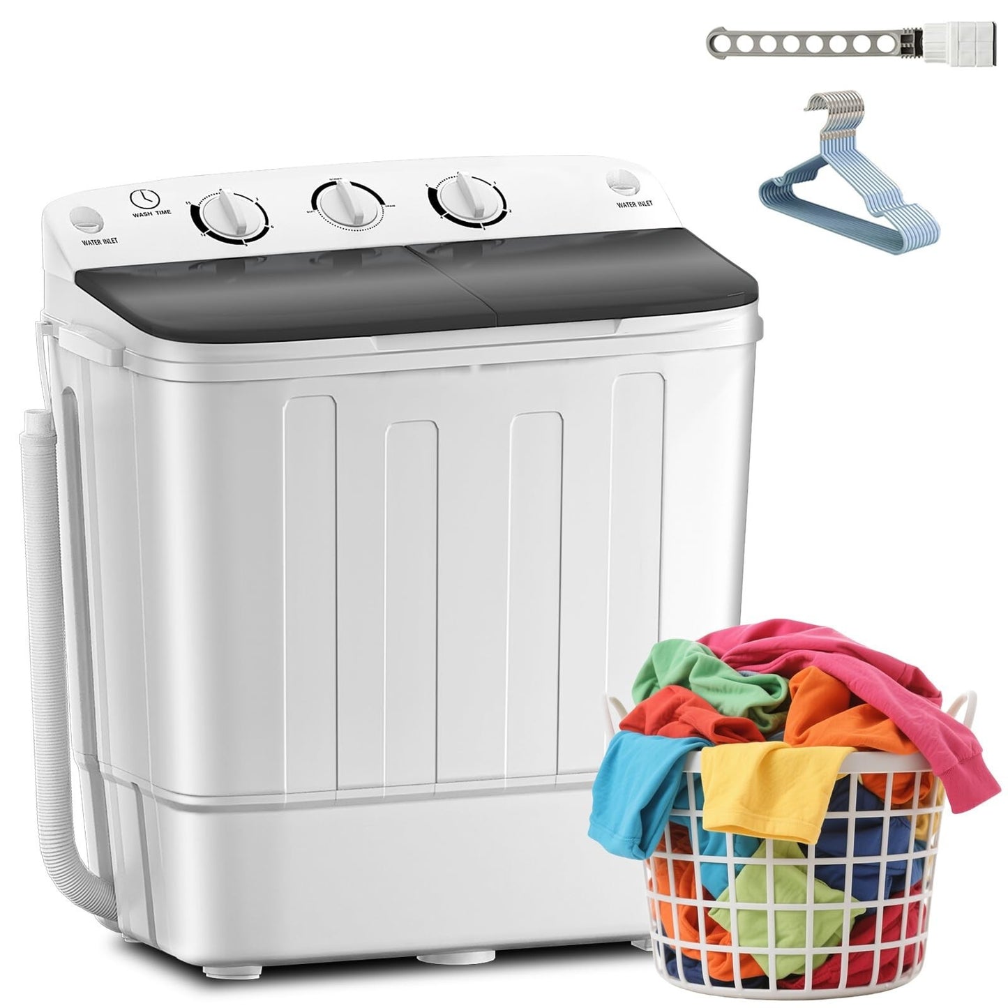 Compact Twin Tub Washing Machine 19lbs with Drying Rack & Hangers, 1500rpm Mini1