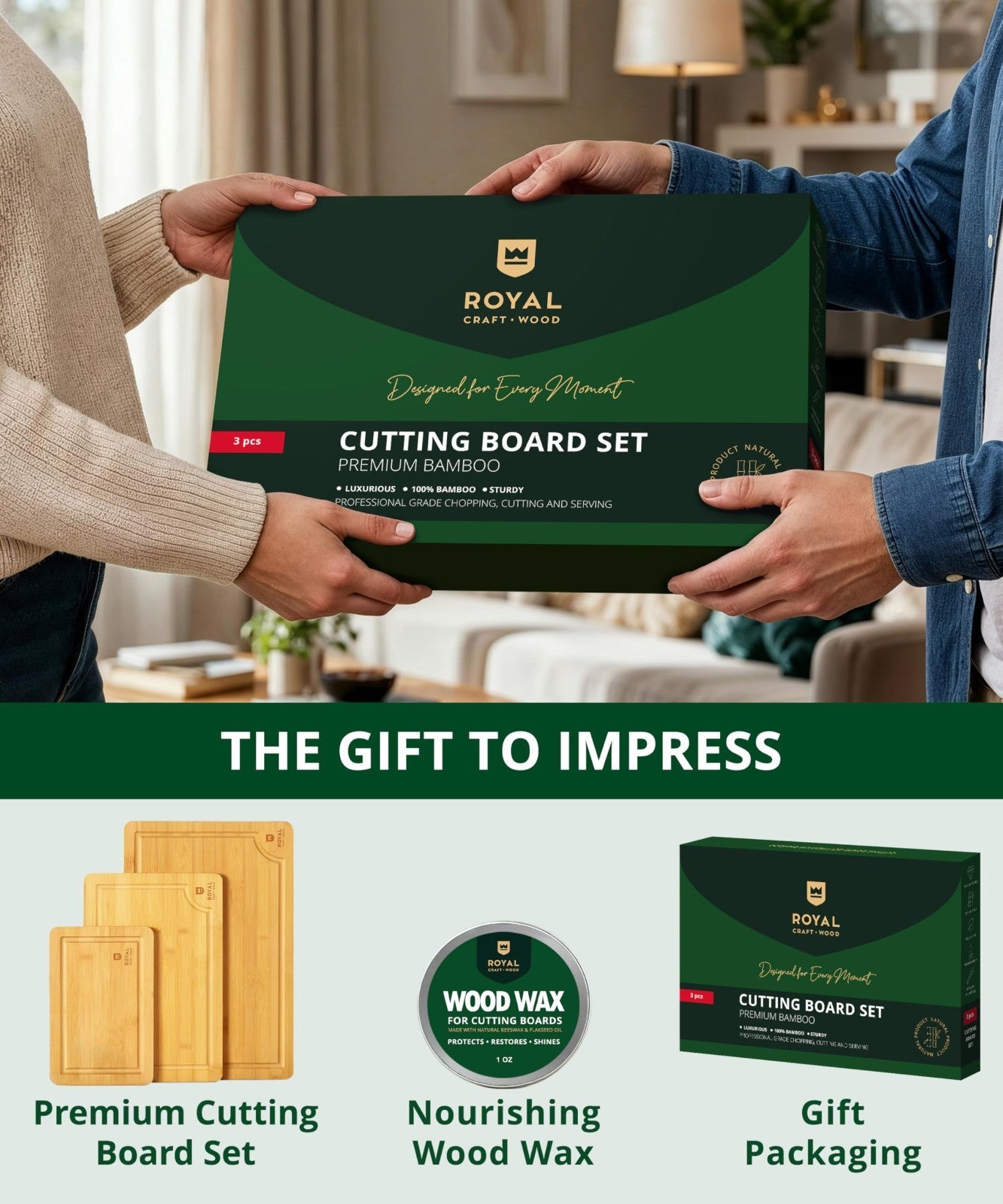 Wooden Cutting Boards Set   Bamboo Meal Prep & Serving Board with Juice Groove &3