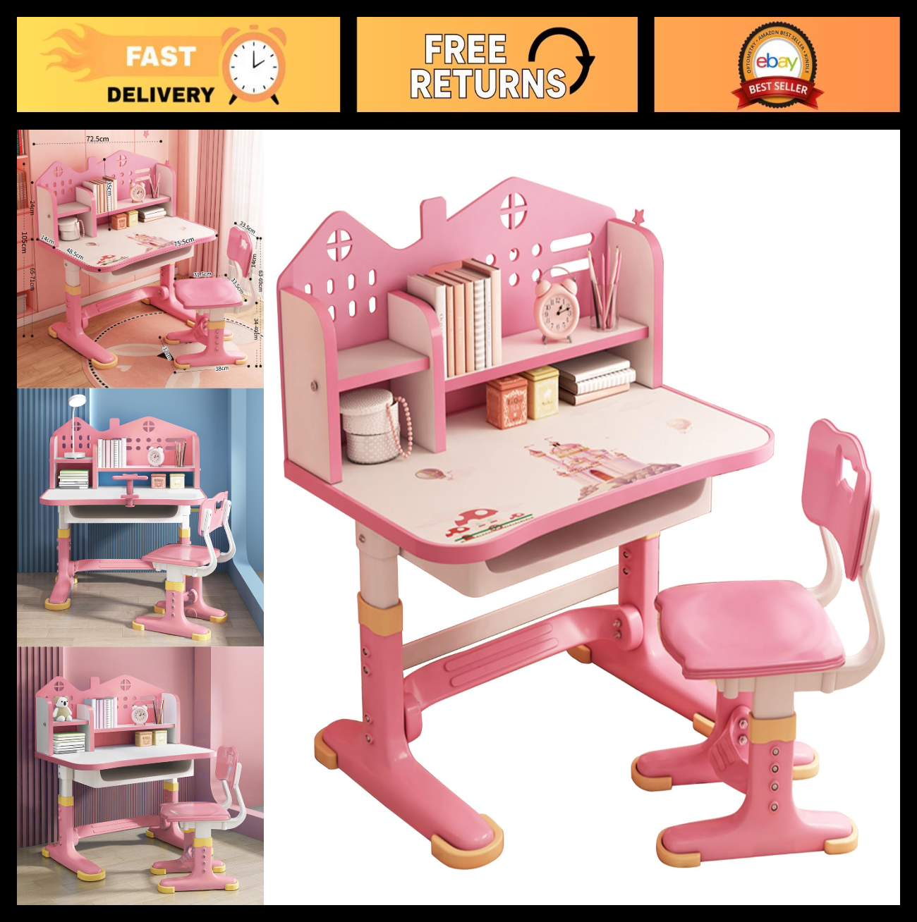 Kids Adjustable Height Study Desk & Chair Set, Cartoon Pattern, Widened Desktop,0