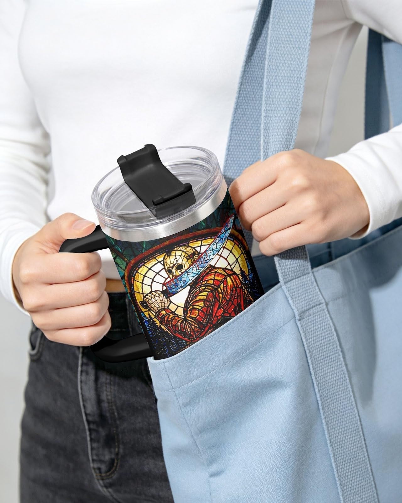 40oz Insulated Travel Mug with Handle   Funny Horror Slasher Design, Perfect Gif2