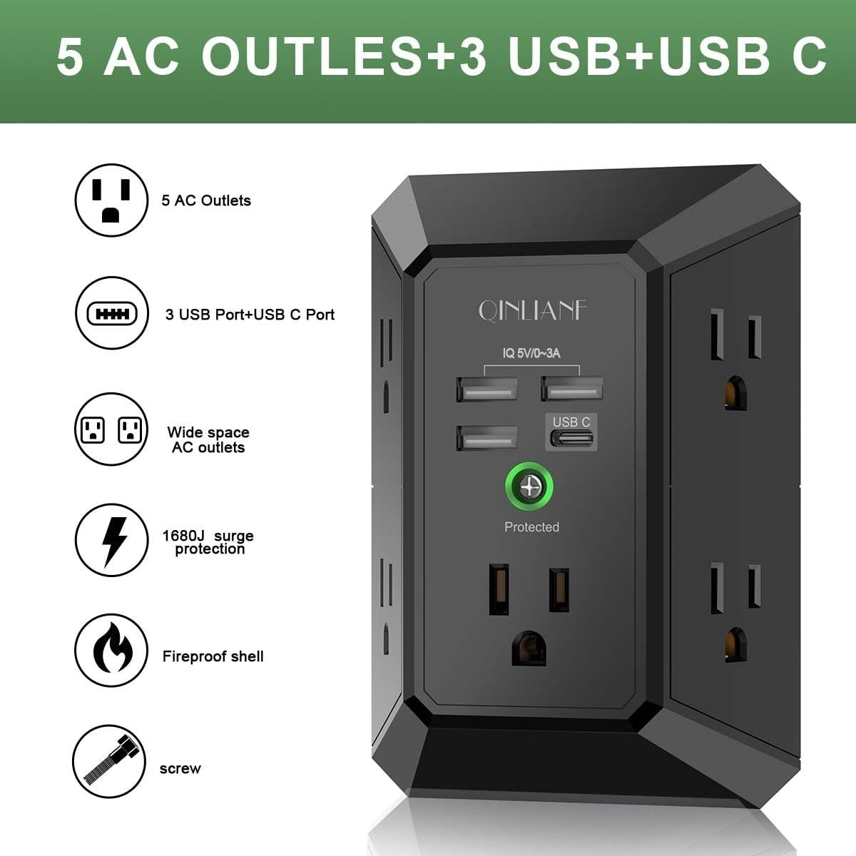 5 Outlet USB Wall Charger Surge Protector Power Strip 4.8A 3 Sided Multi Plug Ad2
