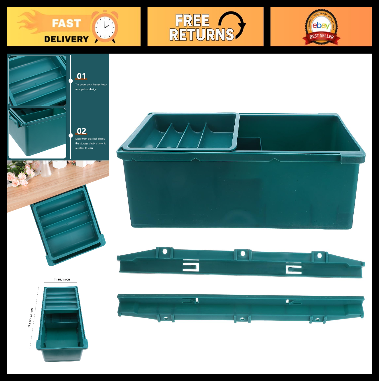 Sewing Organizer Under Desk Storage Drawer - 3-Tier Plastic Box for Craft & Offi0