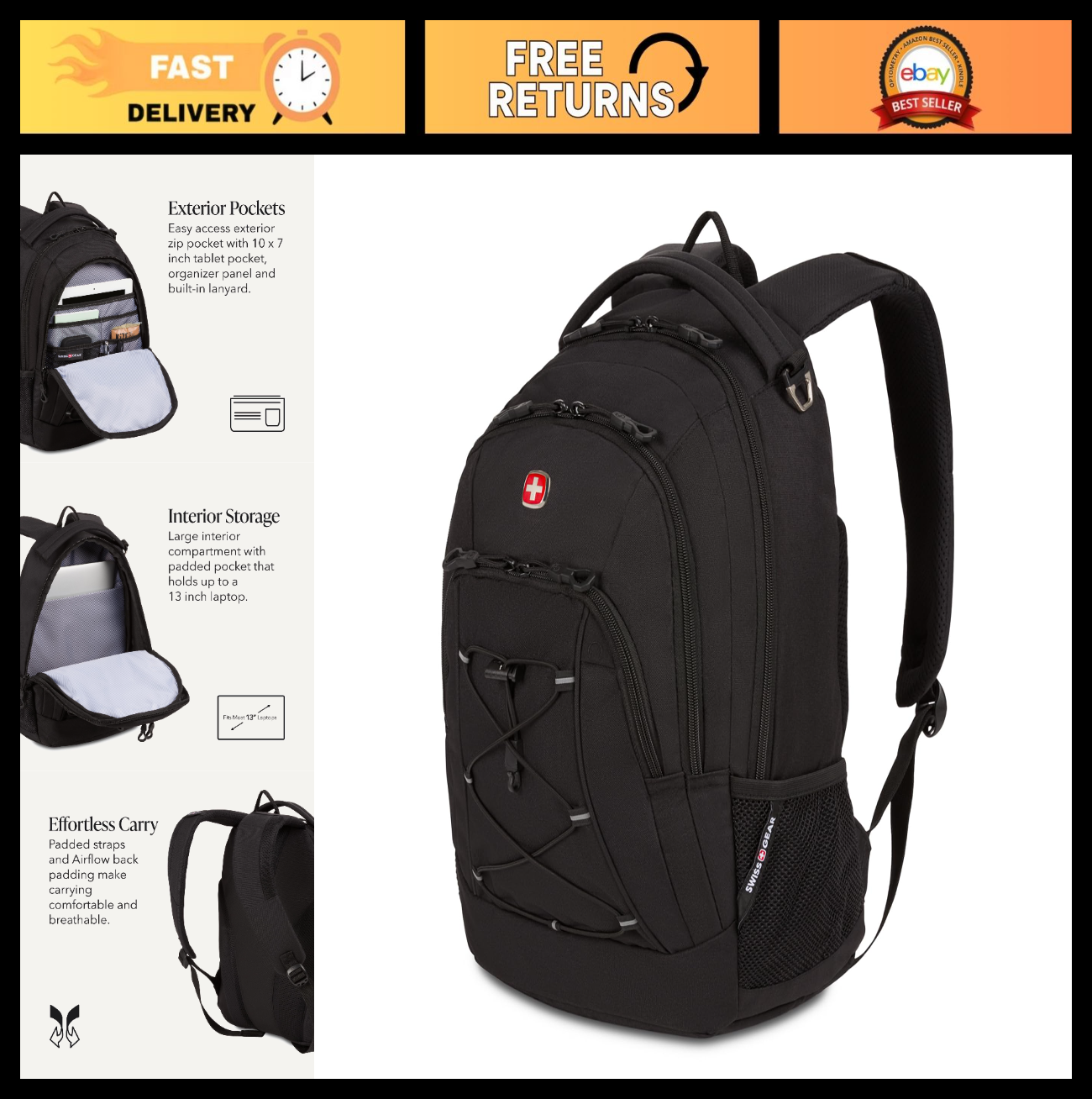 Durable Bungee Core Laptop Backpack for 13 Inch Laptops, Airflow Back Panel, 26L0