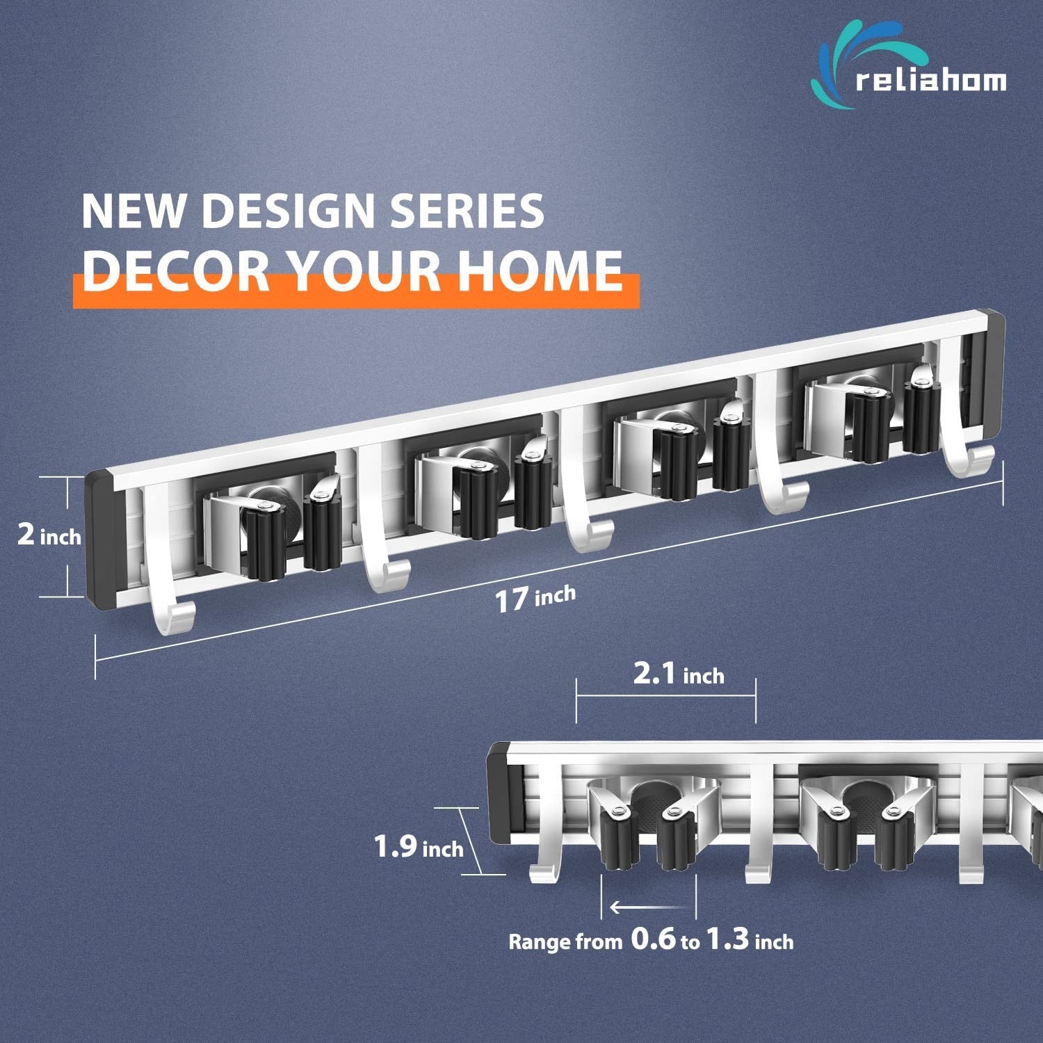Wall Mount Broom Holder & Mop Hanger Organizer - 4 Racks & 5 Hooks Storage Solut2