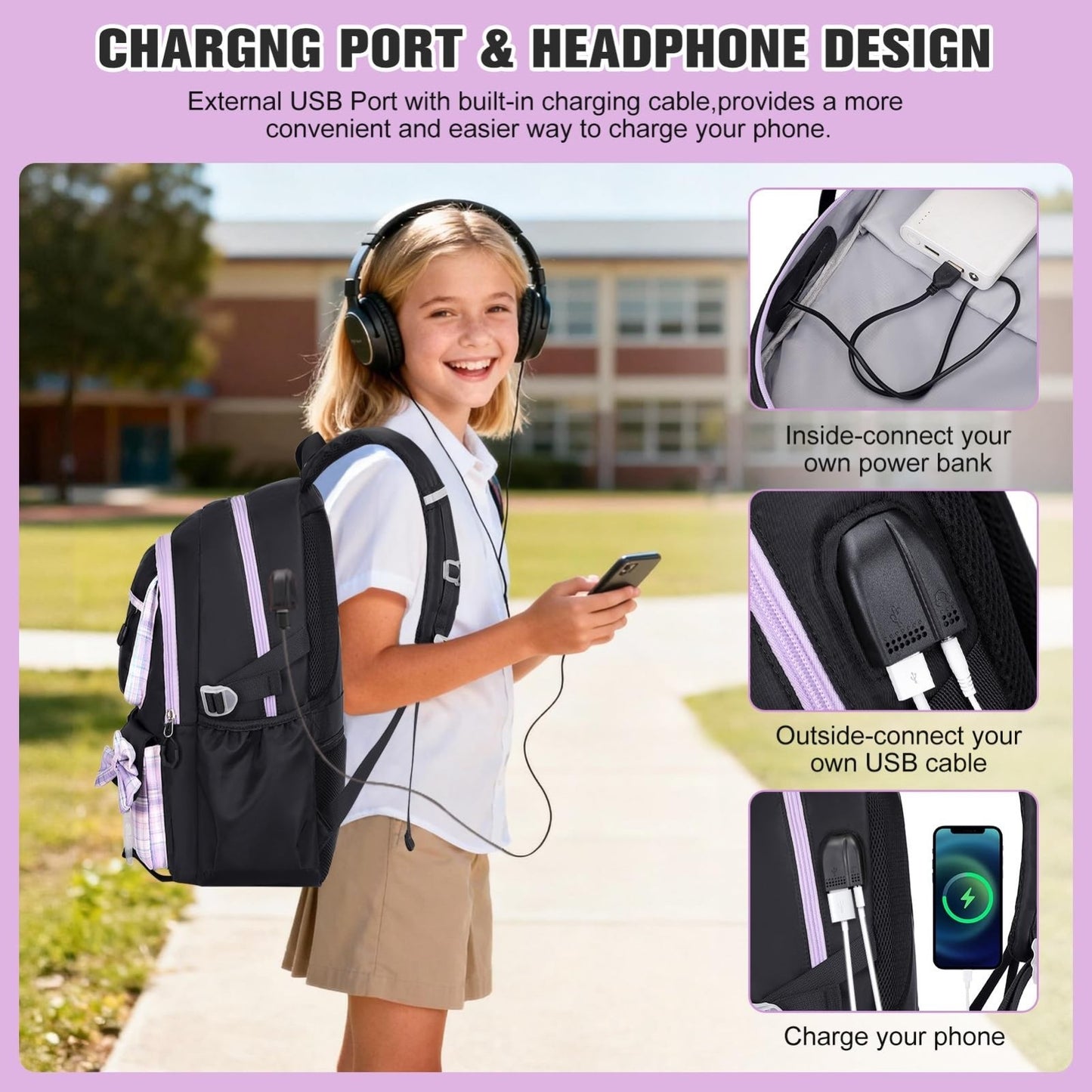 Cute Bow Backpack for Girls   School Bag with Lunch Bag & Pen Case, Stylish & Fu3