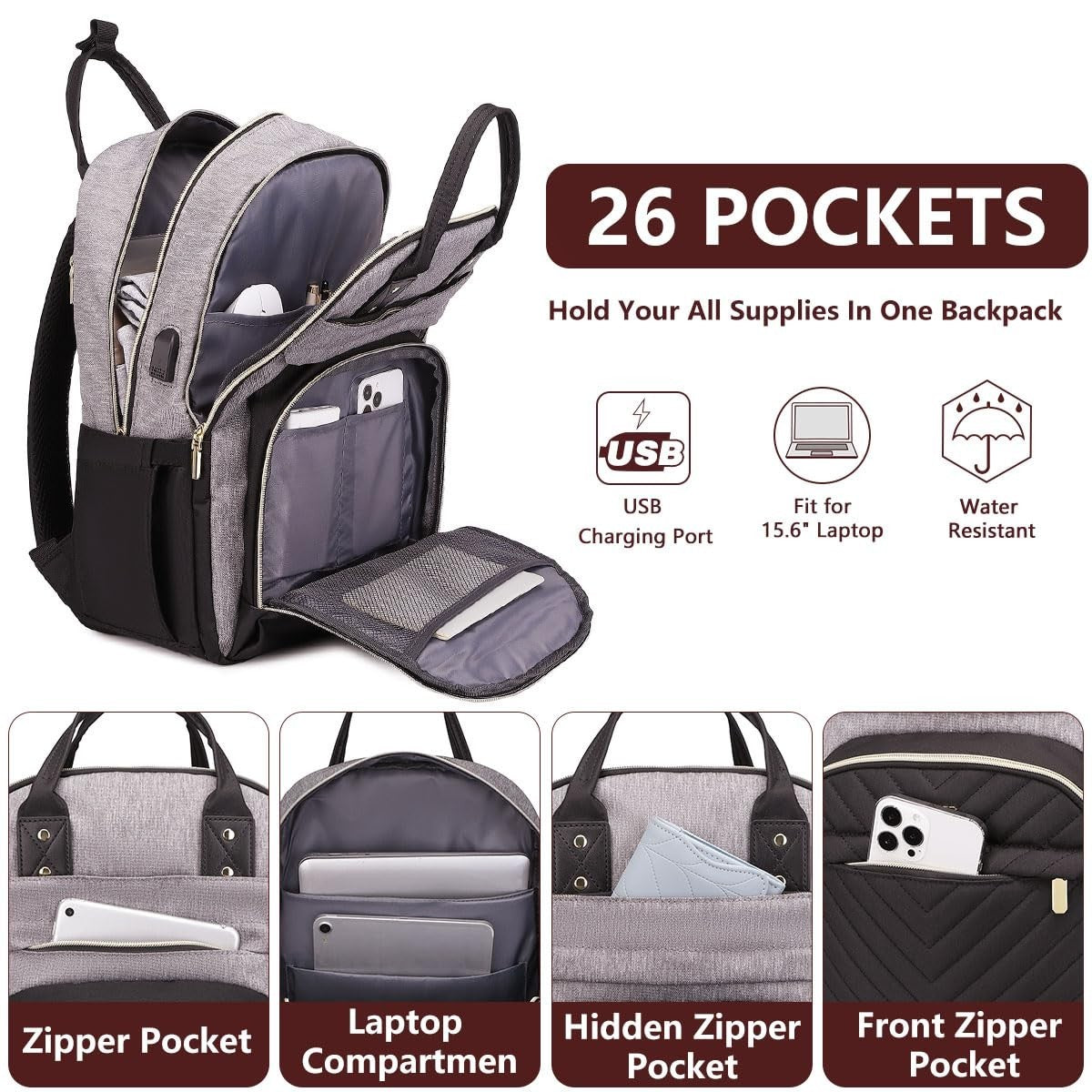 Stylish Anti Theft Laptop Backpack for 15.6" Laptops, Waterproof Travel Bag, Gre2